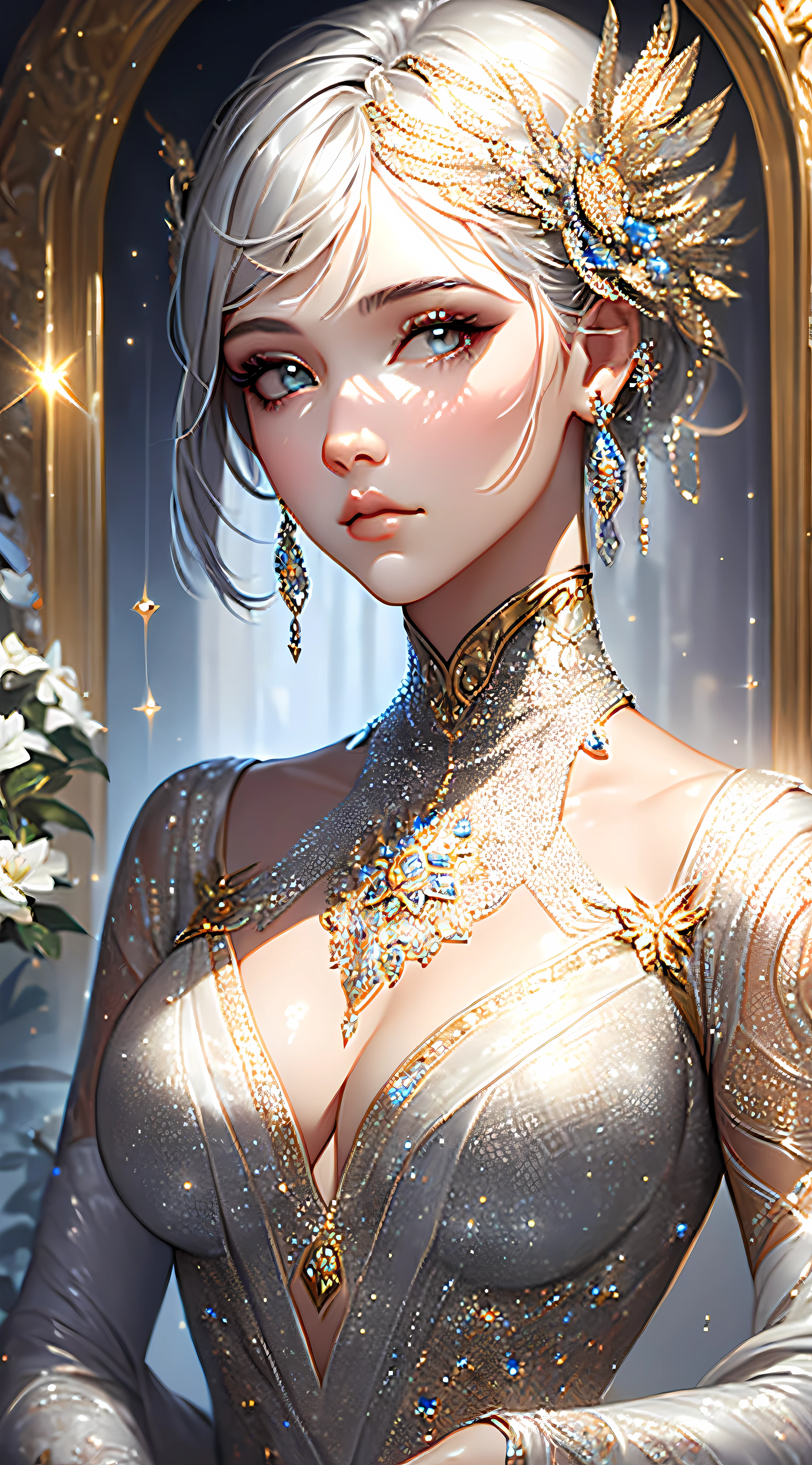 ceramic tile art , depicting portrait of a beautiful woman,short neck, intricate detailed silver glittering, intricate, elegant, highly detailed, concept art, smooth, sharp focus,hair platinum
