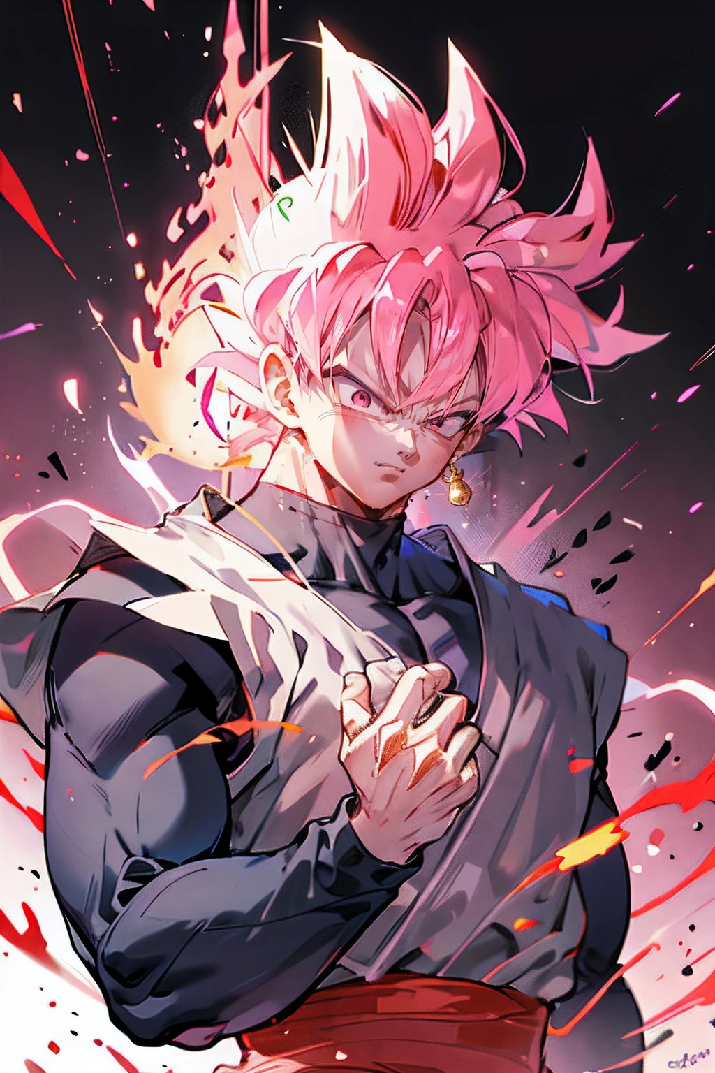 Masterpiece,goku black,black sweater,Super saiyan rosé,pink eyes,pink aura,pink coloured flame particles in air,upper body, extremely muscular,manly,man face,muscular