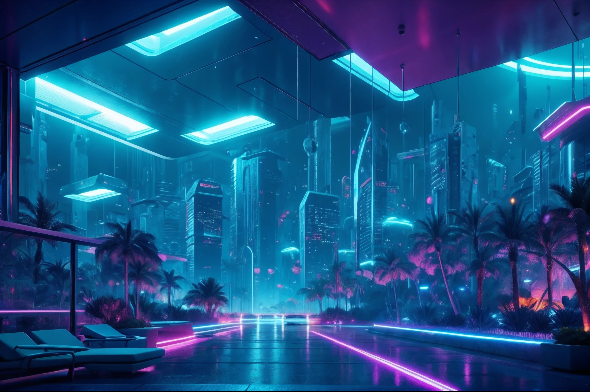 ((tmasterpiece)),(Hiperdetalhamento),(Detalhes complicados),(high resolution CGI artwork 8k),Imagem do quarto cyberpunk futurista。Uma das paredes deve ter uma grande janela,There's a busy one above、extremamente colorido、Paisagem urbana cyberpunk detalhada。Futuristic style,There are many colors and LED lights。A paisagem urbana deve ser muito detalhada,profundidade de campos。Create depth with atmospheric lighting,Evoke the feeling of a bustling futuristic city outside the window。Interior extremamente sci-fi,Pay close attention to facial details,Tais como complexo、Alugue olhos e detalhes do quarto。Cameras:Lente grande angular mostrando salas e janelas。A janela deve ser o ponto focal da imagem。Iluminando:Use atmospheric and volumetric lighting to enhance the details of the cityscape。A sala deve ser iluminada pelas luzes neon da paisagem urbana。