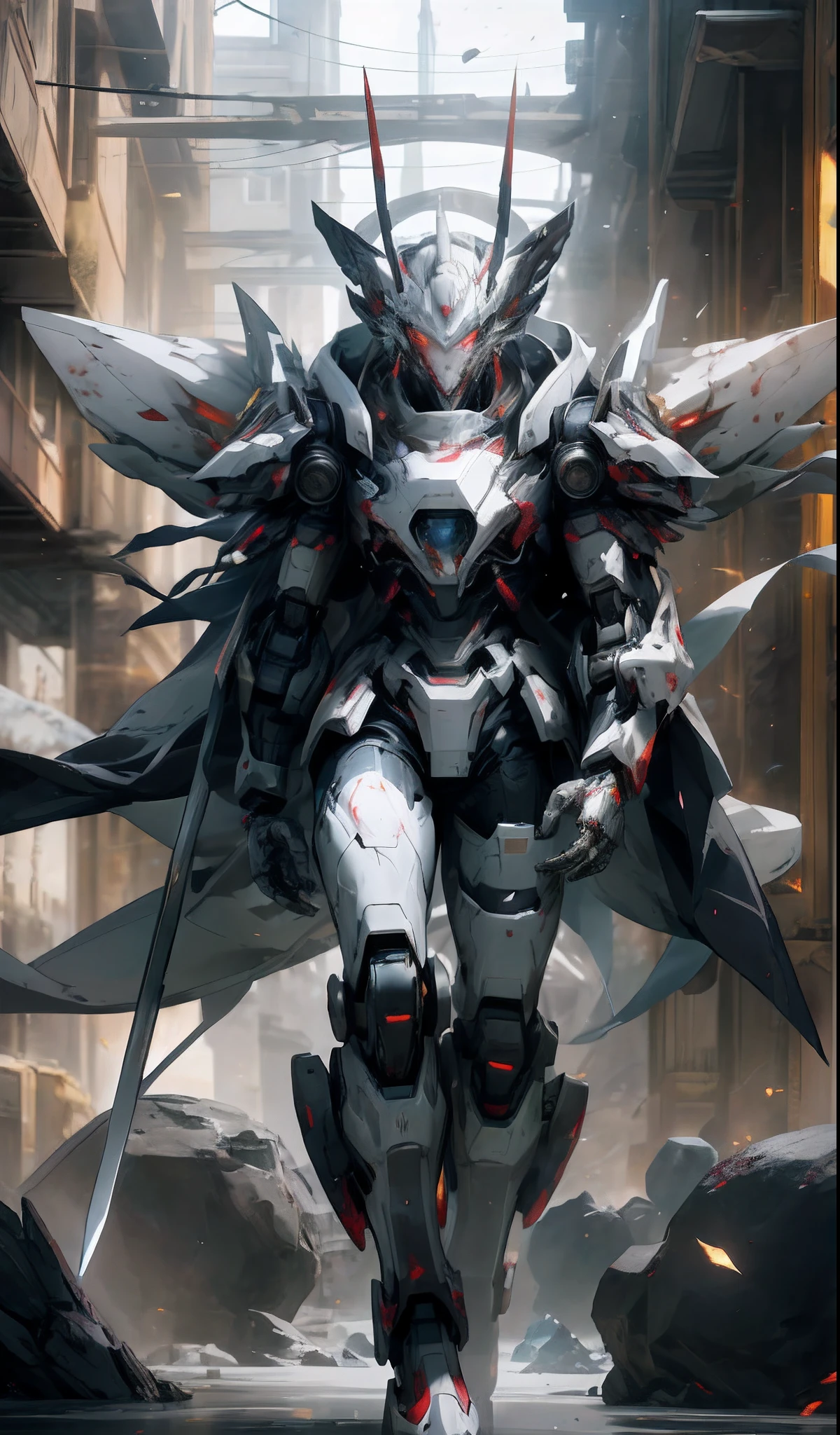 ((Masterpiece)), (Best Quality)), 8k, High Detail, Ultra Detailed, Extremely Detailed CG Unity 8k Wallpaper, 1 Mecha Boy, (Solo Exhibition: 1.2), {White Bone|Silver Smelt|Ice Crystal|Blood Demon|Phantom Dragon|Thunder} Armor, Red Eyes, Sci-Fi, War, Conflict, Movie Magnificence, (Weapons: 1), Fully Armed, (Floating {Wind|Water Magic|Ink|Crystal|Fire|Ice|Flame|Lightning|Network|Rock|Sand|Particles|Spark|Blood}:1.2)