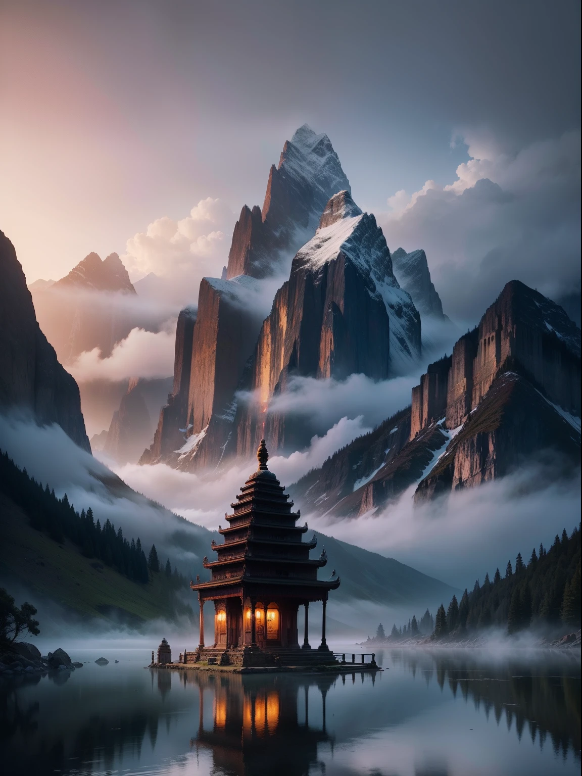 Indian temple, mountain, lake, strom, fog, lighting