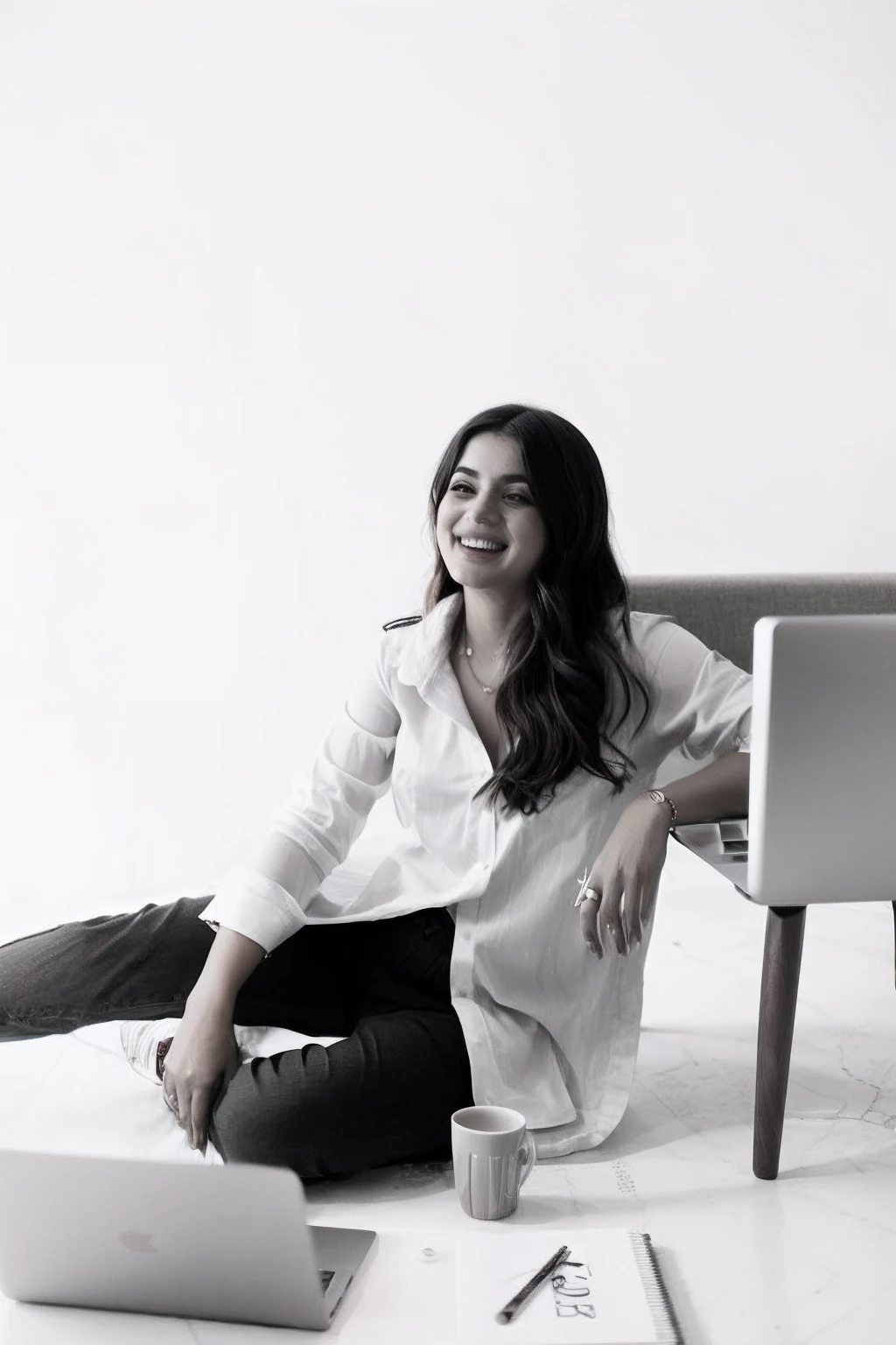 Arafed woman sitting on the floor with a laptop and a cup of coffee, mutahar rindo, Directed by: Silvia Pelissero, She is laughing, lucy hale, Directed by: Niyazi Selimoglu, Directed by: Olivia Peguero, Jovana Rikalo, de camisa vranca, seria, elegante, cabelo liso, julia fuentes, Directed by: Matthias Stom, julia sarda, Rindo