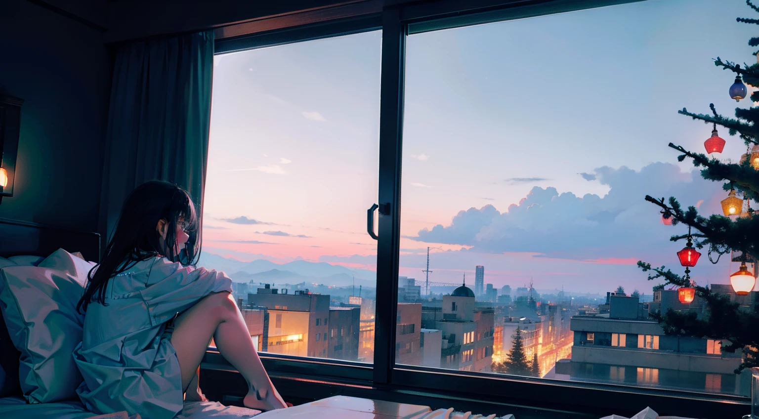 Girl sitting alone by the window，Night view of the city outside the window，The starry sky outside the window sparkles，Very lonely，A soft shimmer shone on the girl，Rich details inside the window，There are plush dolls inside the window，There are night lights on the inner walls of the windows，The girl looks at the scenery outside the window with a lonely back，The picture is hazy，the lighting is subdued