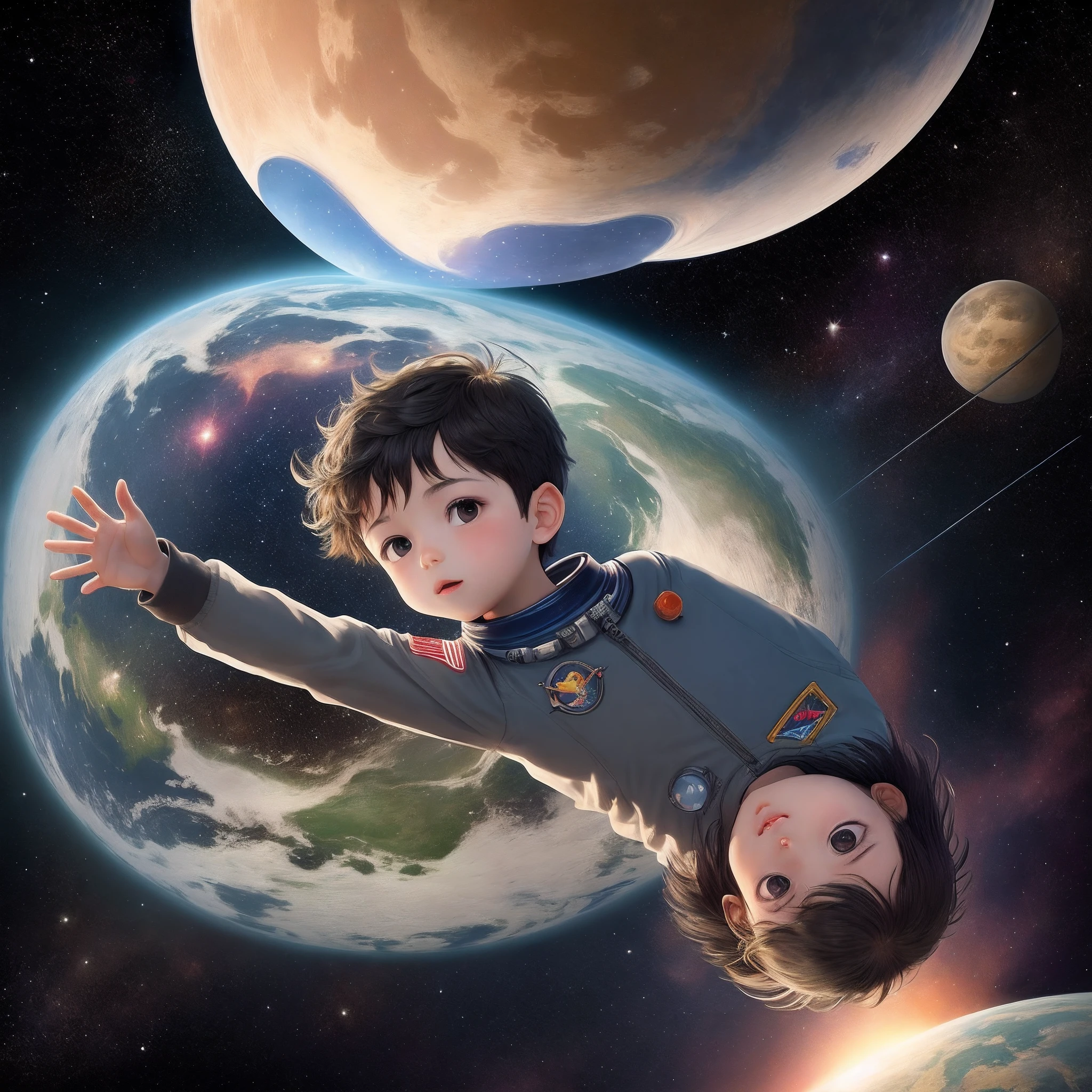 autista, 6 anos, cor lisa, cabelo preto curto, children's stories, pensa ser astronauta, On the planet of magical colors , various poses