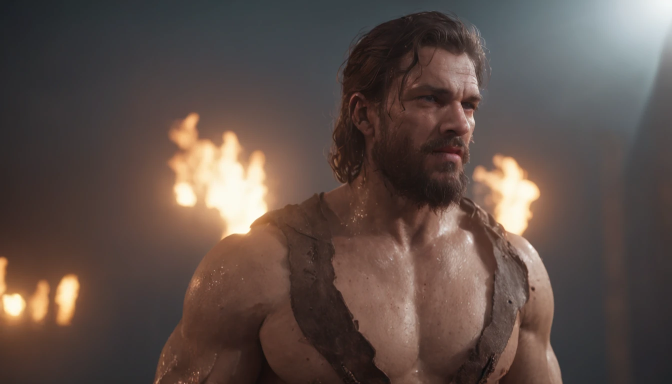 (Renderizado 3D profesional:1.3) de (realista:1.3) The most beautiful art photo in the world,Features soft and bright male heroes, ((Epic hero fantasy muscular rough man wet hero angry look long hair short beard and fierce expression in dynamic pose, Fantastic location, majestuoso entorno desordenado)), Renderizado 8k Unity de cuerpo completo, action shot, poro de la piel, very dark lighting, Sombreado pesado, Detallado, Cara detallada, (Vibrante, Realistic photography, realista, dramatic, oscuro, foco nítido, 8k), (Old leather garments damaged by weathering:1.4), ((((Use pieles)))), (intrincado:1.4), decadente, (Altamente detallado:1.4), Pintura digital, Renderizado por Octane, Estaciones de arte, Concepto-Arte, Suave, foco nítido, 插圖, Arte Germen, (loish:0.23), WLOP Ilya Kuvshinov, y Greg Rutkowski y Alphonse Mucha gracias, (global ilumination, Luz de estudio, Light Volumetric), fuertes lluvias, particles floating, LotR, fantasy, Once, cuerpo completosbian, ((Fondo oscuro y antiguo de la ciudad:1.3)),CGSesociety,Estaciones de arte