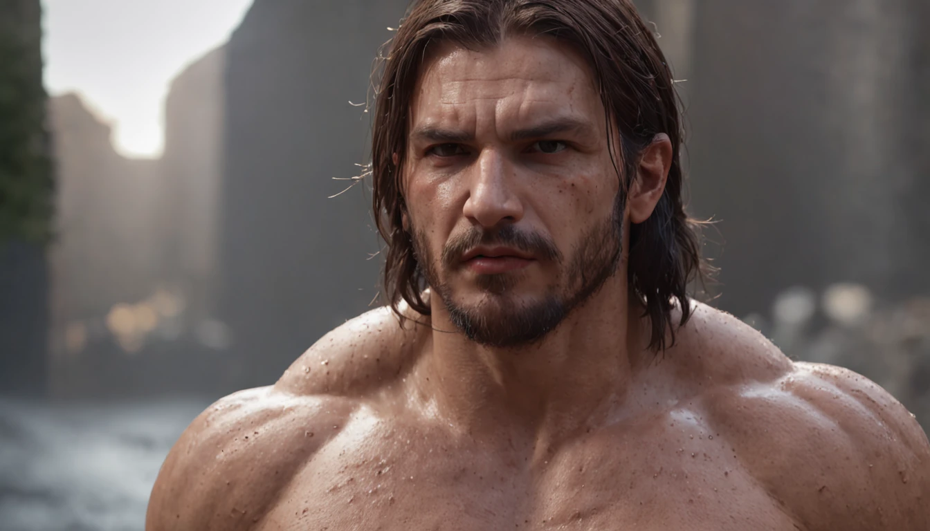 (Renderizado 3D profesional:1.3) de (realista:1.3) The most beautiful art photo in the world，Features soft and bright male heroes, ((Epic hero fantasy muscular rough man wet hero angry look long hair short beard and fierce expression in dynamic pose, Fantastic location, majestuoso entorno desordenado)), Renderizado 8k Unity de cuerpo completo, action shot, poro de la piel, very dark lighting, Sombreado pesado, Detallado, Cara detallada, (Vibrante, Realistic photography, realista, dramatic, oscuro, foco nítido, 8k), (Old leather garments damaged by weathering:1.4), ((((Use pieles)))), (intrincado:1.4), decadente, (Altamente detallado:1.4), Pintura digital, Renderizado por Octane, Estaciones de arte, Concepto-Arte, Suave, foco nítido, 插圖, Arte Germen, (loish:0.23), WLOP Ilya Kuvshinov, y Greg Rutkowski y Alphonse Mucha gracias, (global ilumination, Luz de estudio, Light Volumetric), fuertes lluvias, particles floating, LotR, fantasy, Once, cuerpo completosbian, ((Fondo oscuro y antiguo de la ciudad:1.3)),CGSesociety,Estaciones de arte
