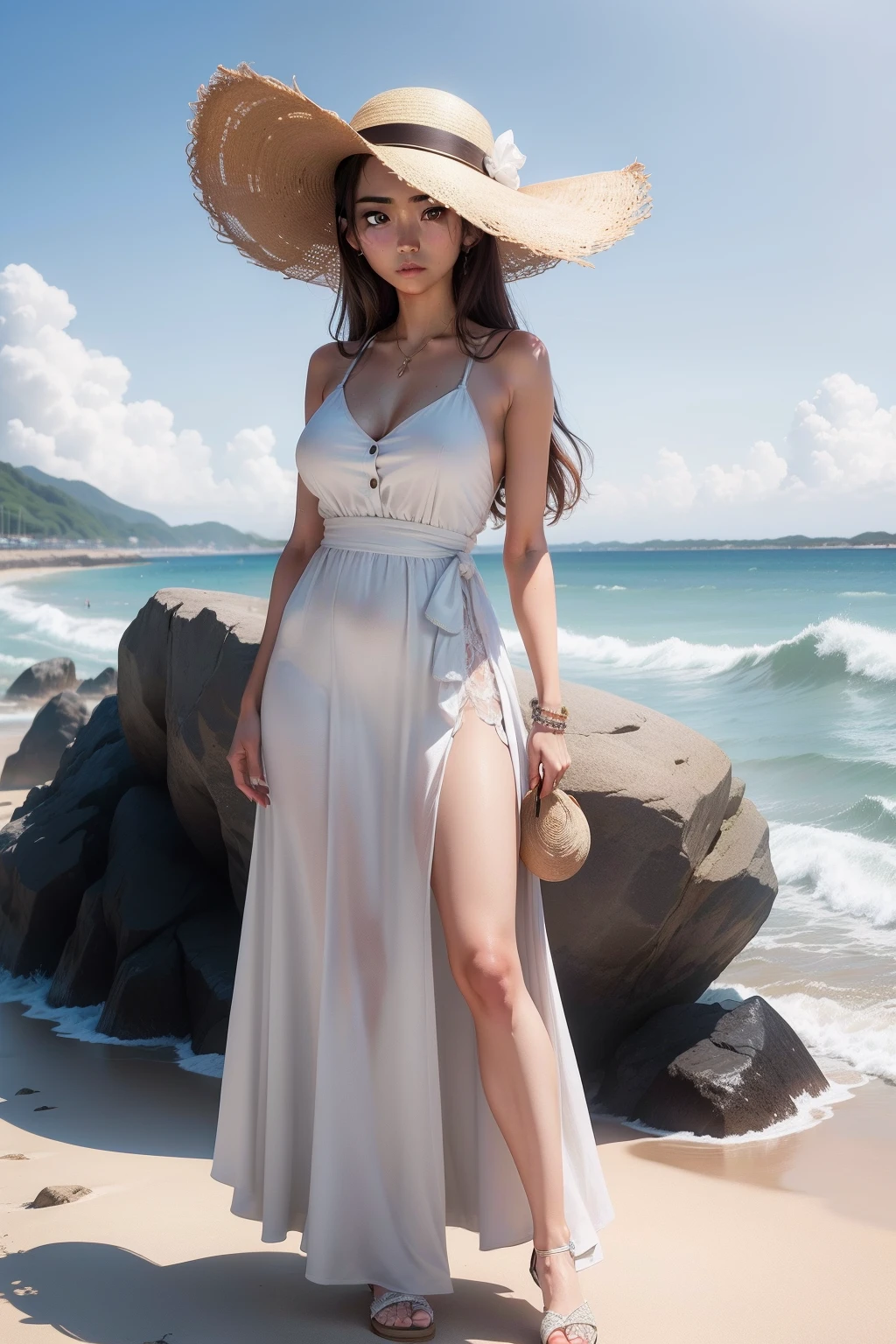 (Masterpiece, High Quality, High Definition), (Best looking woman), Japan, Perfect Style, Full Length, Seaside Behind, Sandy Beach, White Dress, Straw Hat, Sweaty Skin