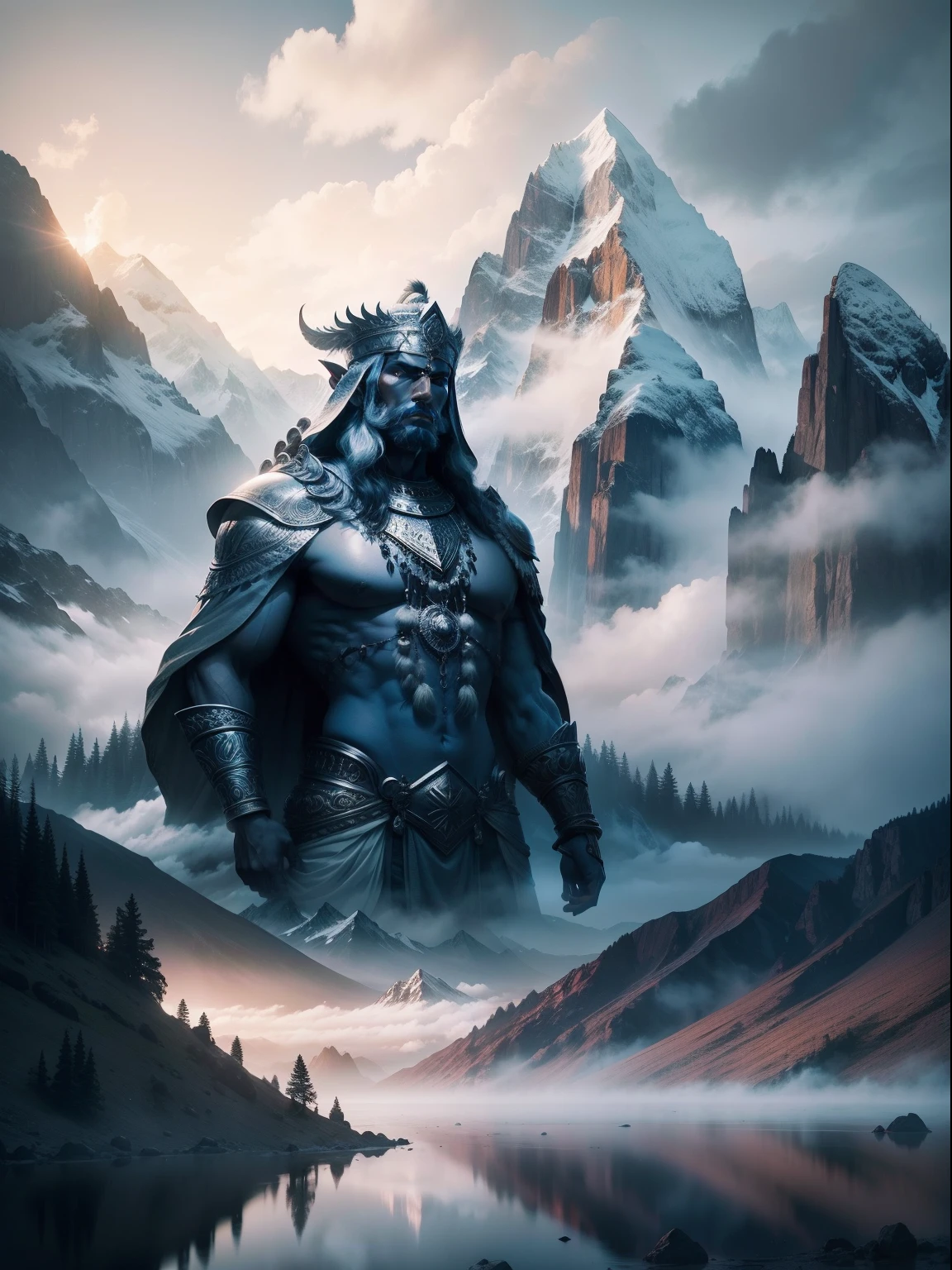 Indian God, mountain, lake, strom, fog, lighting