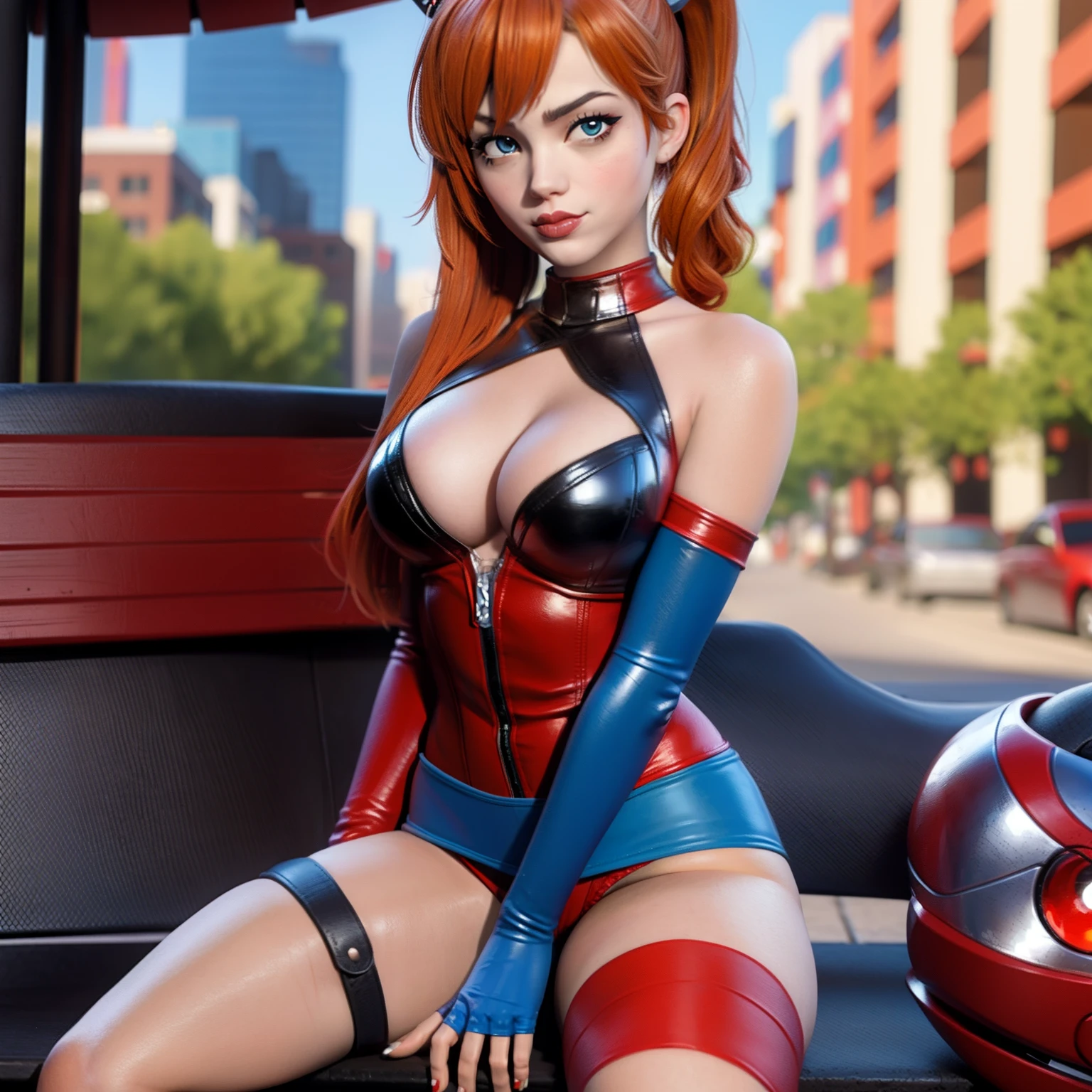 Harley Quinn merge with super girl, sexy, sitting on bench, metropolitan background, sexy, alluring, sensual, multiple arms, multiple legs