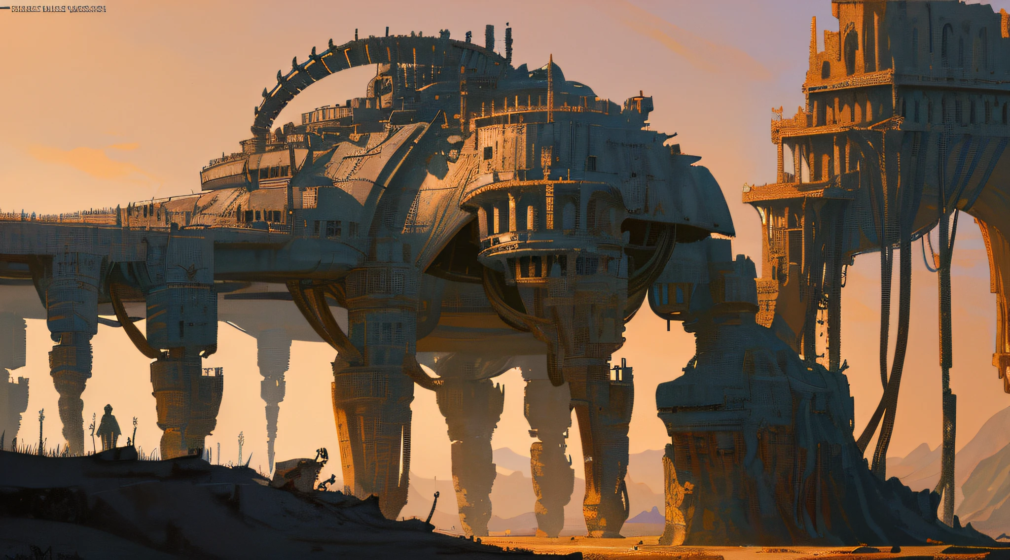 enki bilal,philippe druillet,moebius inspired french comics art "a vast desert filled with colossal, rusting machines of war, half-buried in the sand, a dying sun casting long shadows over the scene, adding to the eerie sense of a long-forgotten battlefield", the contrast in colors and textures should be distinct highly detailed,surreal,vibrant yet slightly desaturated