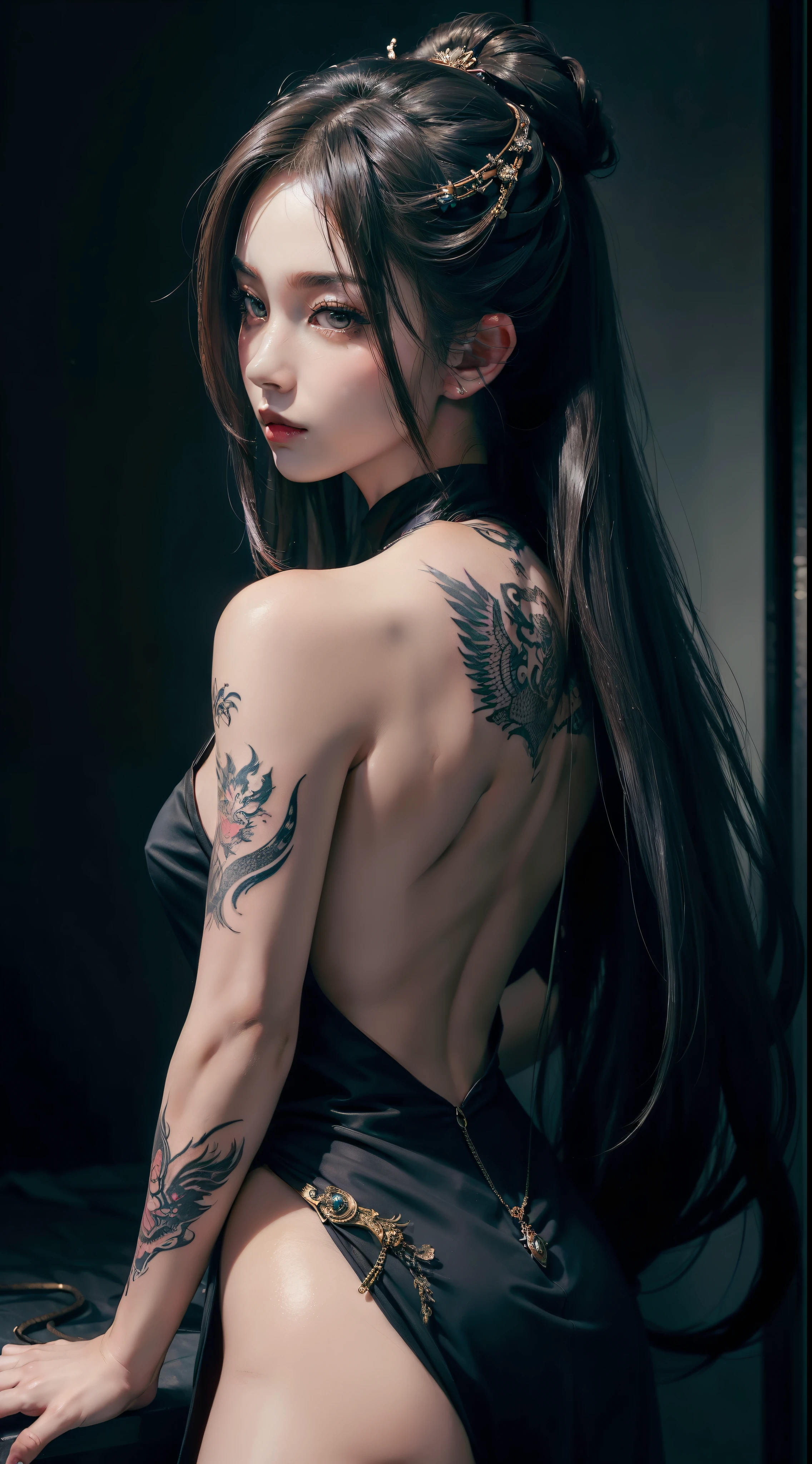 ((Masterpiece, Wlope style, Artwork, Portrait, Half body)) Beautiful and elegant yakuza girl DRAMATICALLY looking at her right side, no top dress, Big Dragon Tattoo at back, Detailed mask Background, Dark Ambient Lighting, Shot taken from back, Fantasy, Detailed tattoo, NSFW