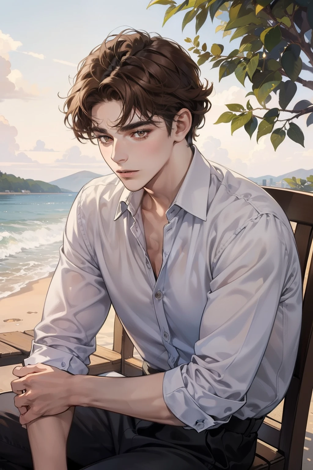 masterpiece, best quality, realistic, 1man, mature male, quiet and charming young man, 16 years old, adorable, closed mouth, portrait, extremely detailed face, soft smile, ((dark amber eyes)), ((short-sides-swept curly brown hair)), [thick eyebrows], outdoor, sitting