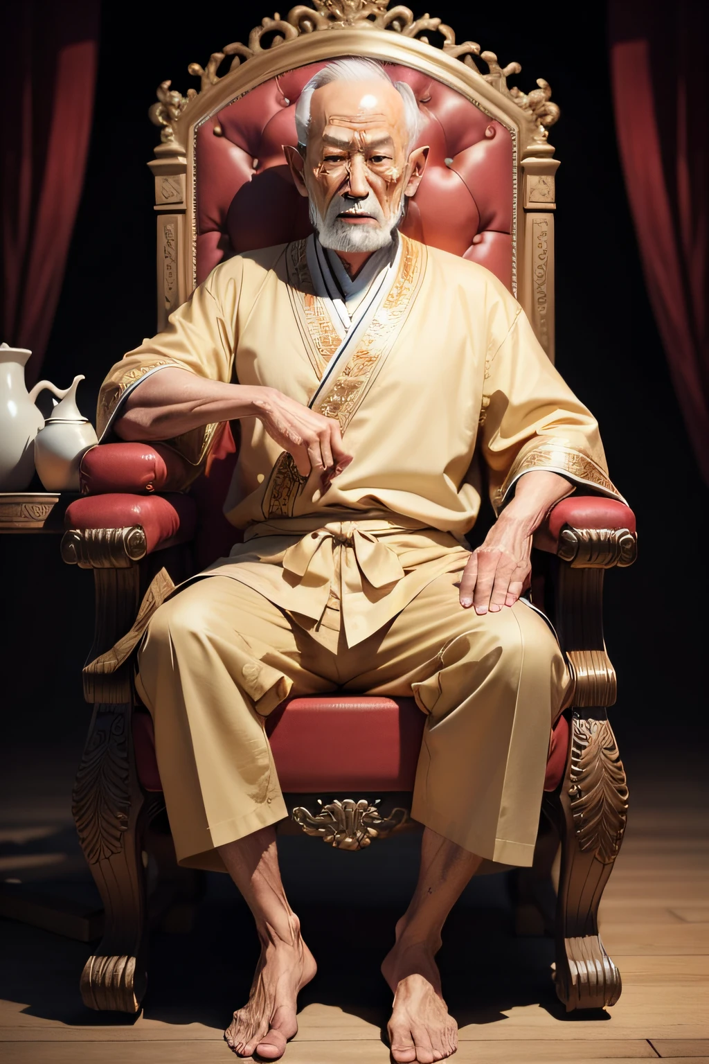 Old man oriental full body features sitting on a throne