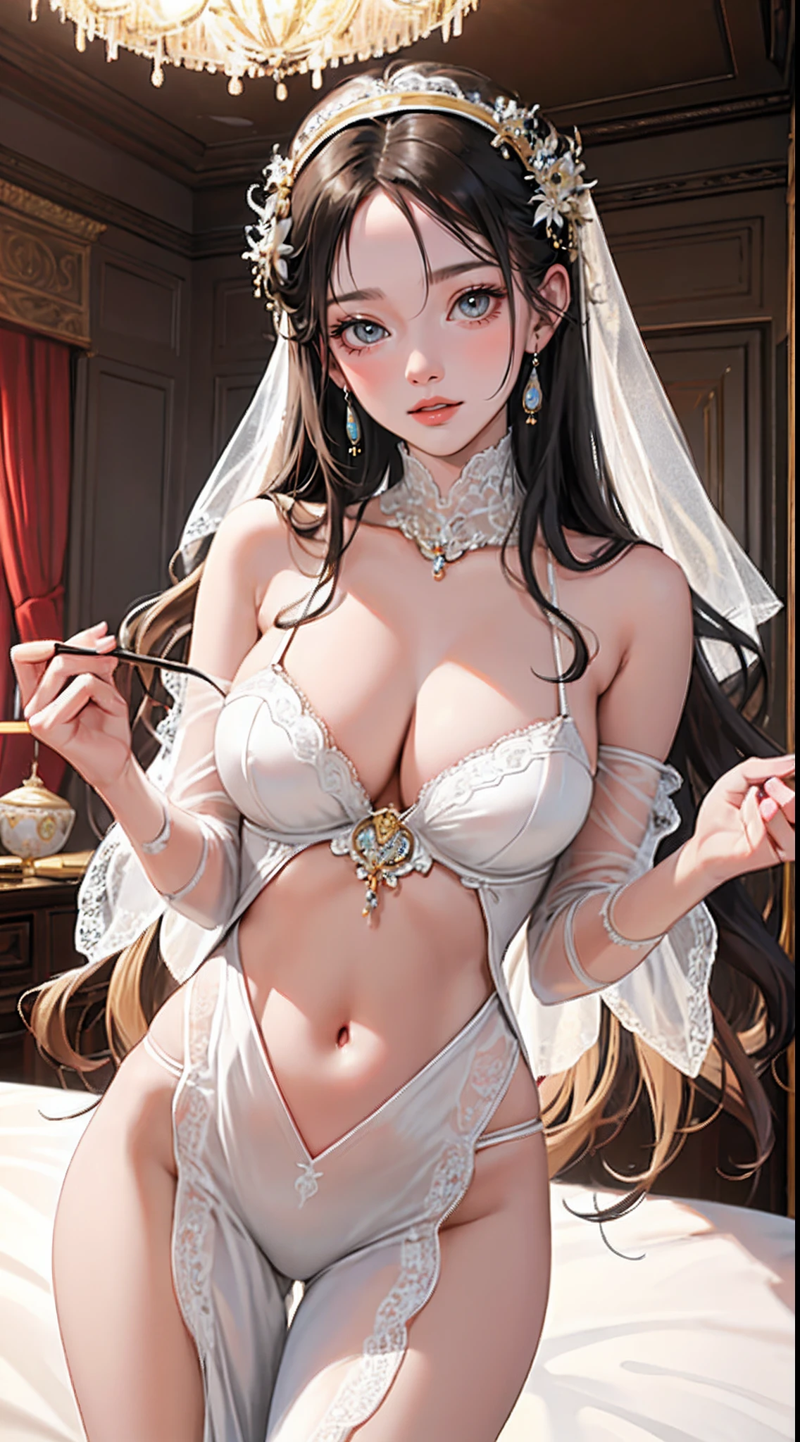 (from below), best quality, candid shot, beautiful woman, intricate lingerie, jewellery, grand luxury bedroom, wavy hair, hairband, perfect face, big gorgeous eyes, soft smile, parted lips, perfect slim fit body, large breasts, bright colors, soft tones