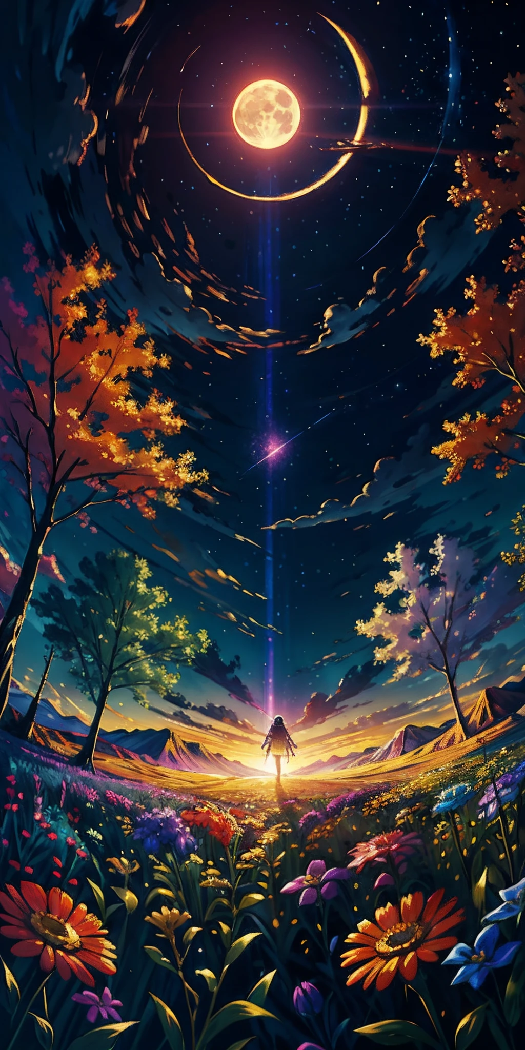 A wide landscape photo, (viewed from below, the sky is above, and the open field is below), a girl standing on a flower field looking up, (full moon: 1.2), (meteor: 0.9), (nebula: 1.3), distant mountains , Trees BREAK Crafting Art, (Warm Light: 1.2), (Firefly: 1.2), Lights, Lots of Purple and Orange, Intricate Details, Volumetric Lighting BREAK (Masterpiece: 1.2), (Best Quality), 4k, Ultra Detailed, (Dynamic Composition: 1.4), Rich in Detail and Color, (Rainbow Color: 1.2), (Glow, Atmospheric Lighting), Dreamy, Magical, (Solo: 1.2)