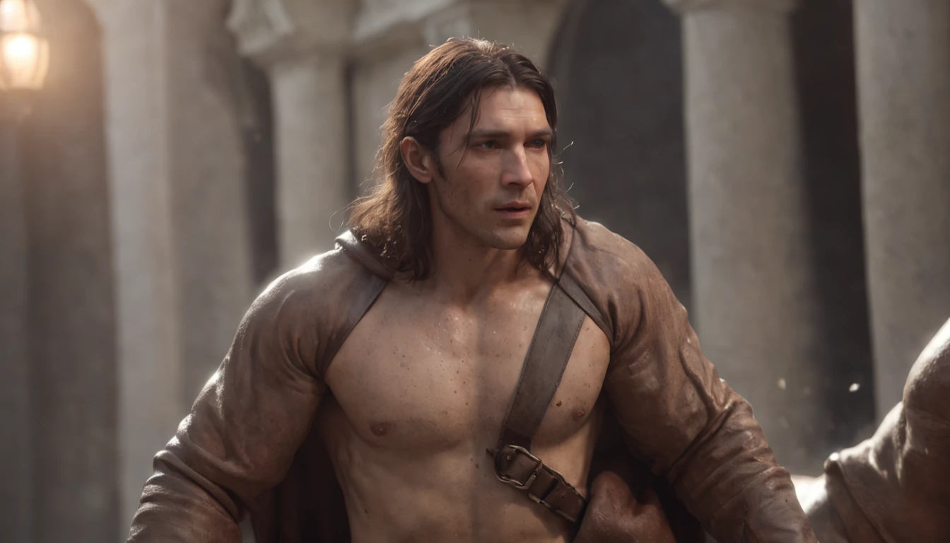 NEVILLE GODDARD (Renderizado 3D profesional:1.3) de (realista:1.3) The most beautiful art photo in the world，Features soft and bright male heroes, ((Epic hero fantasy muscular rough man wet hero angry look long hair short beard and fierce expression in dynamic pose, Fantastic location, majestuoso entorno desordenado)), Renderizado 8k Unity de cuerpo completo, action shot, poro de la piel, very dark lighting, Sombreado pesado, Detallado, Cara detallada, (Vibrante, Realistic photography, realista, dramatic, oscuro, foco nítido, 8k), (Old leather garments damaged by weathering:1.4), ((((Use pieles)))), (intrincado:1.4), decadente, (Altamente detallado:1.4), Pintura digital, Renderizado por Octane, Estaciones de arte, Concepto-Arte, Suave, foco nítido, 插圖, Arte Germen, (loish:0.23), WLOP Ilya Kuvshinov, y Greg Rutkowski y Alphonse Mucha gracias, (global ilumination, Luz de estudio, Light Volumetric), fuertes lluvias, particles floating, LotR, fantasy, Once, cuerpo completosbian, ((Fondo oscuro y antiguo de la ciudad:1.3)),CGSesociety,Estaciones de arte