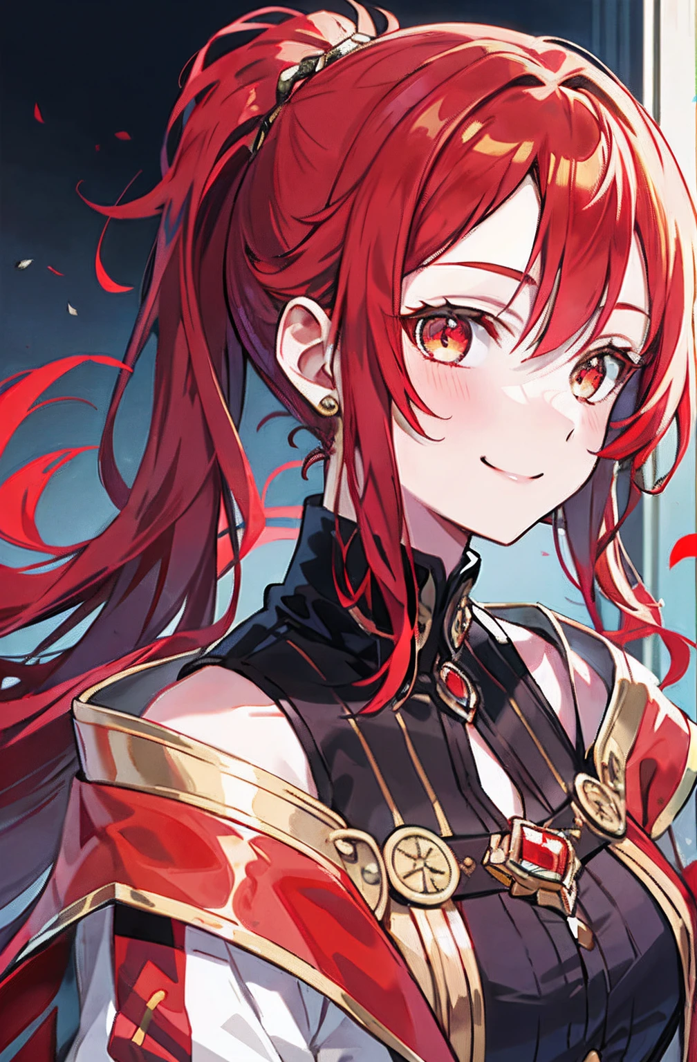 Ponytail , shoulder hair, red hair, golden eyes, smile girl, cool girl, bad girl, high school girl, royal, portrait, discreet clothes, princess