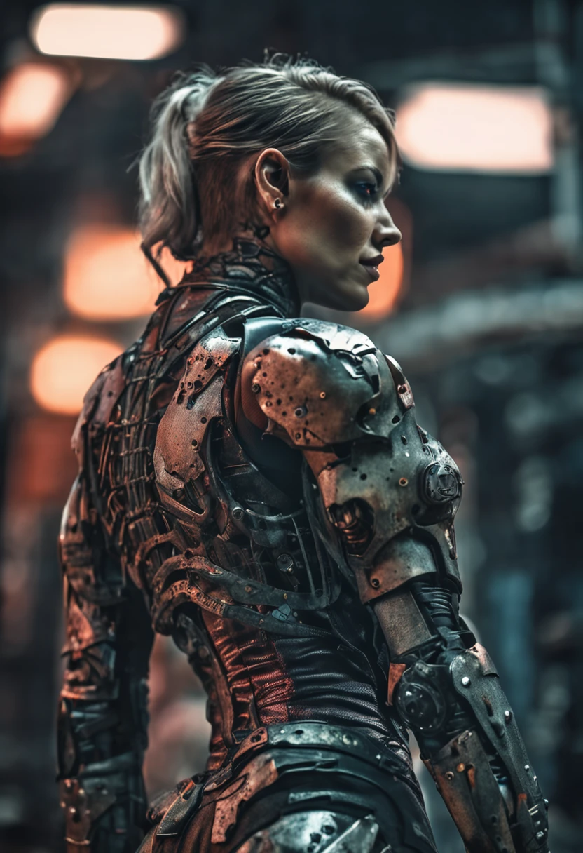 (Strong Cyborg) Domina standing and looking back, (((cyborg, scars, cyberpunk style))), intricate details, hdr, ((intricate details, hyperdetailed)), cinematic shot of complete body from the side and behind, vignette, leather boots, great legs, buckles, Night Rain, maximum details, ((short hair, beautiful face)), (strong buttocks)