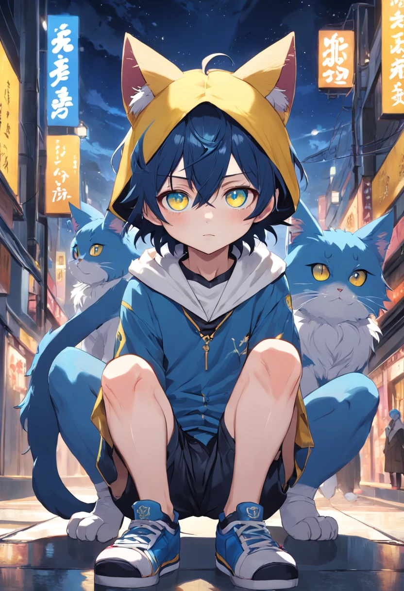 Beautiful Boys，Yellow-blue heterogeneous pupils，Cat ears anime shounen, Gothic, full body portrait of a short!, Cute anime cat teenager,Deep blue hair， gapmoe yandere, Anime Nefer Pito, anime full body illustration, 2 d anime style, rei hiroe, eBlue eyes, Boy with cat ears and tail,
