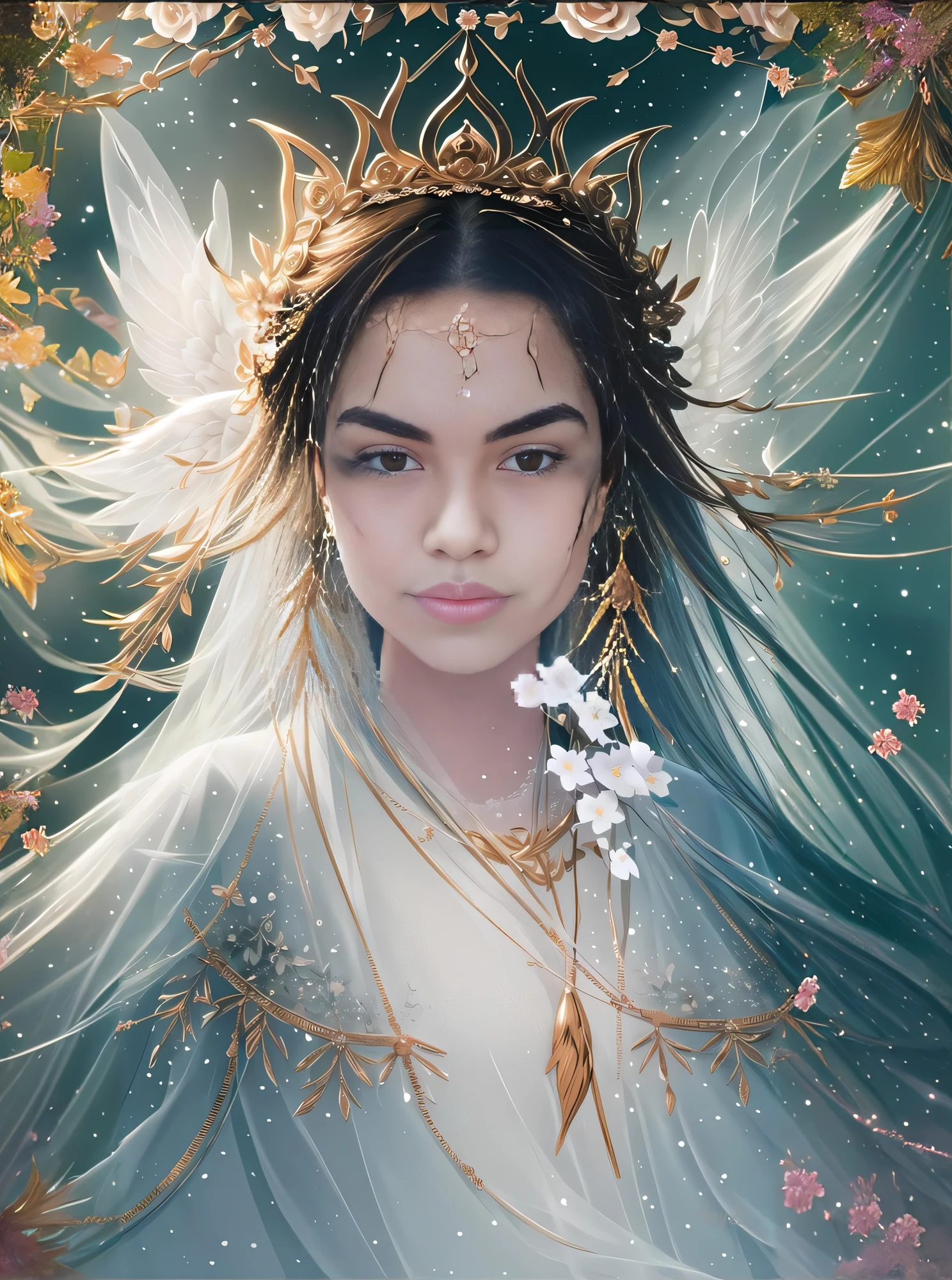 pintura de uma mulher com uma coroa e flores em seu cabelo, retrato bonito da fantasia, retrato bonito da arte da fantasia, ethereal beauty, ((uma bela imperatriz fantasia)), retrato da fantasia, retrato da arte da fantasia, linda donzela fantasia, Ethereal Fantasy, beautiful elven princess, a stunning young ethereal figure, retrato de fantasia digital, bela arte de fantasia, Retrato de uma fada, uma bela imperatriz fantasia