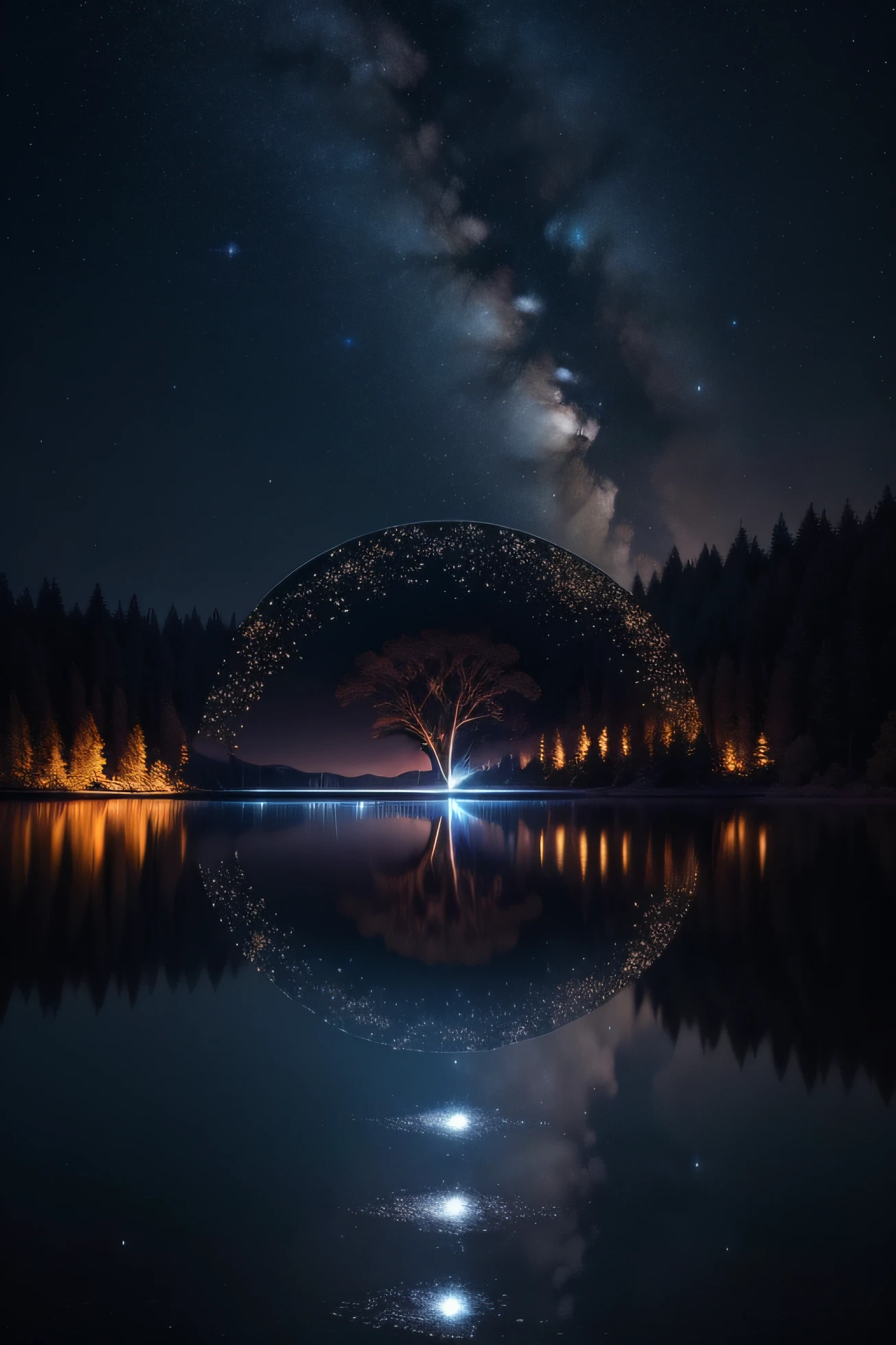 Deep darkness of a starry night, A magical setting, A serene lake reflects the silvery glow of the full moon in the night sky,The reflection of the tree on the tranquil surface of the lake creates an image that resembles a mysterious portal. Dentro desse portal, um pequeno barco de papel flutua, following an infinite and continuous course around the tree, representando um eterno ciclo, A looping of possibilities under the blessing of the Starry Night.