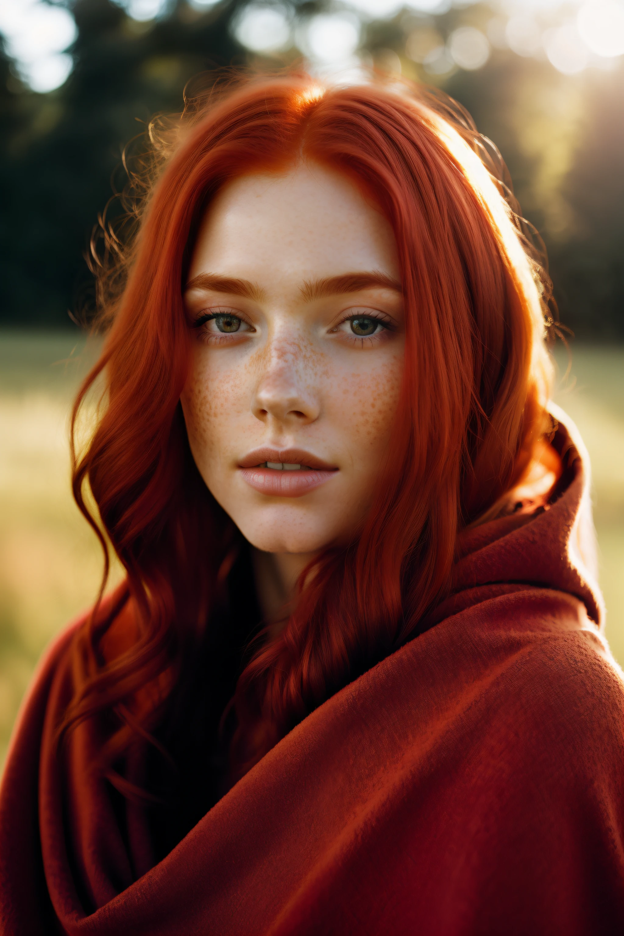 beautiful red-haired woman, freckles, dark makeup, hyper-detailed photography, soft light, head and shoulder portrait, blanket