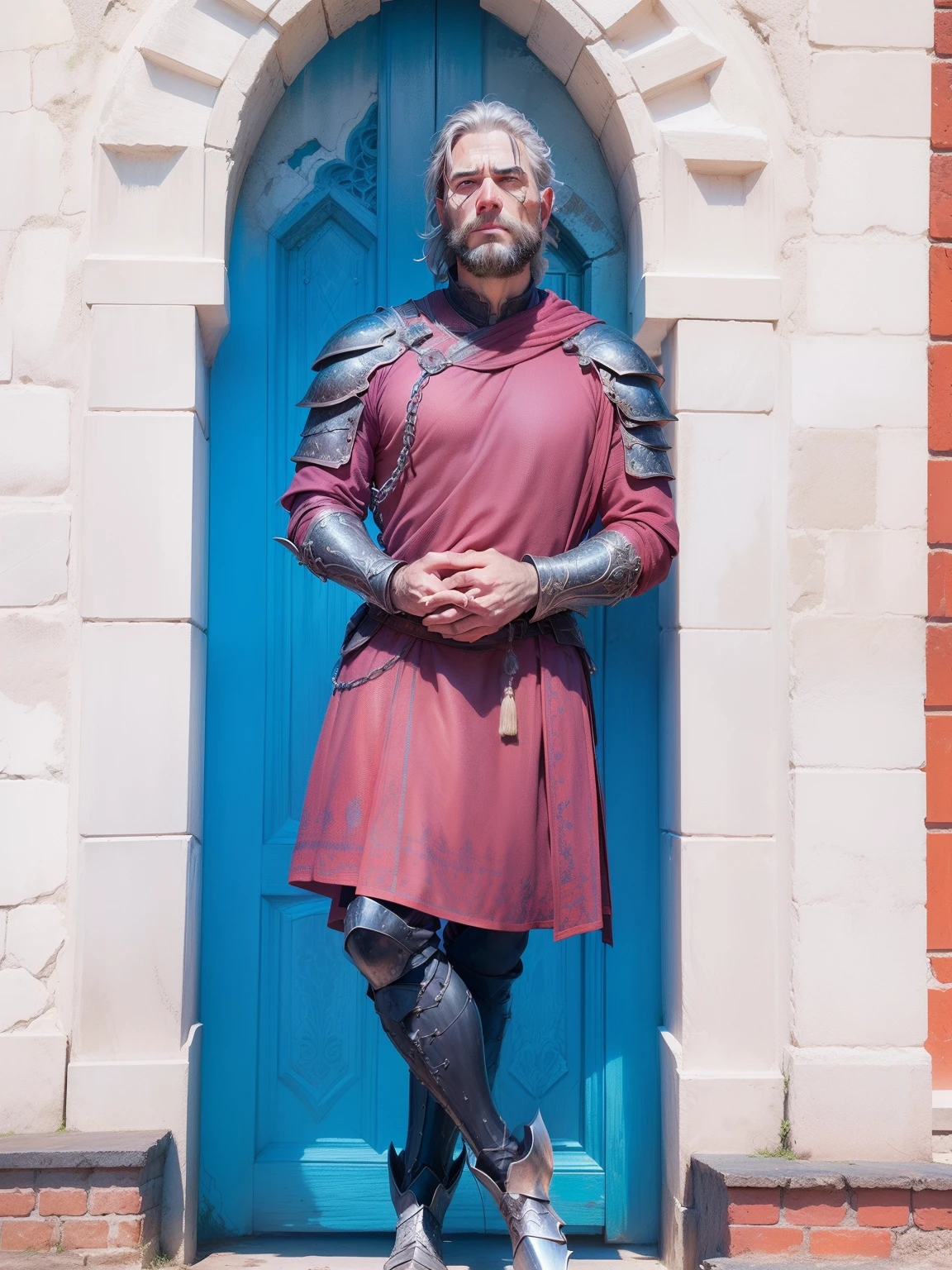 photorealistic, top quality, masterpiece, cinematic composition, slow motion, (medium shot of a medieval knight, sombre and weathered face, beard, grey hair:1.2), chain mail and plate armour, (realistic and detailed|intricate armour:1.1), (visible face:1.3), (photorealistic physiognomy|eyes|iris|skin|musculature, detailed skin, skin texture, natural skin), (holding a sword in his hand:1. 2), frontal perspective, imposing and determined pose, looking forward with determination, skin imperfections, natural skin wrinkles, natural skin spots, highly detailed clothes, abundant details, intricate details, realistic wrinkles in clothing, medieval fantasy landscape, cloudy sky, castle in the background in the distance, radiant lighting, deep shadows, dramatic scene, dark and cool colour palette, blue and grey tones, No other characters in the scene, abundant detail|intricate, detailed landscape, volumetric lighting, (detailed lighting), (detailed light reflections on armour:1. 1), 8k, highly detailed, UHD, HDR, photorealistic facial expression|hairstyle