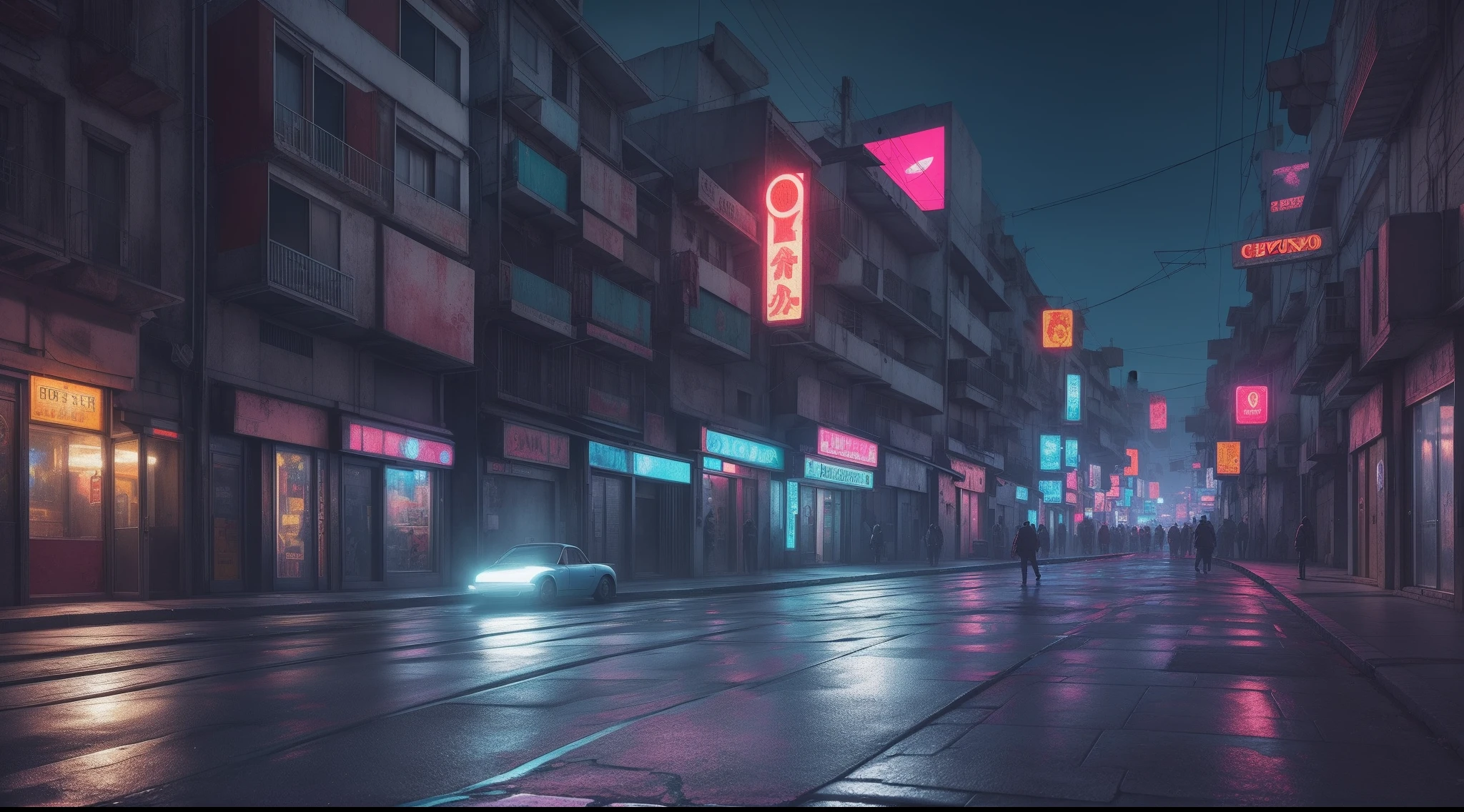 chuvoso, streets at night, (best quality: 1.2), (8k: 1.0), estilo cyberpunk, luz suave, cidade, Arte 3D, realismo, hiper-detalhe, Science fiction and fantasy, alta perspectiva, realistic lighting, (abismo) master part, alta qualidade, graphics beautiful,