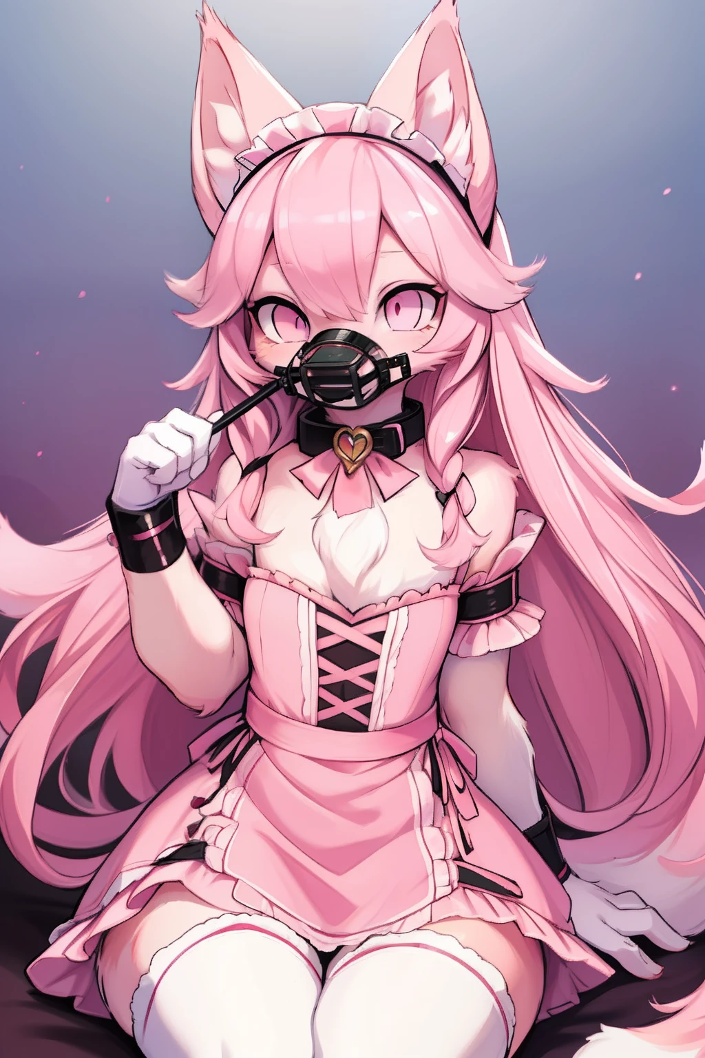 Master piece, perfect, highly detailed, (little hibryd anthro cat femboy), fluffy pink fur, ((pink eyes)), ((1))fluffy cat tail, pink long hair, tiny chest, (pink cat ears), wearing a pink collar, pink maid dress, silk white gloves, silk white thighhigh socks, wearing a pink muzzle, truemuzzle, eyesgod, niji, eyesgod, niji,