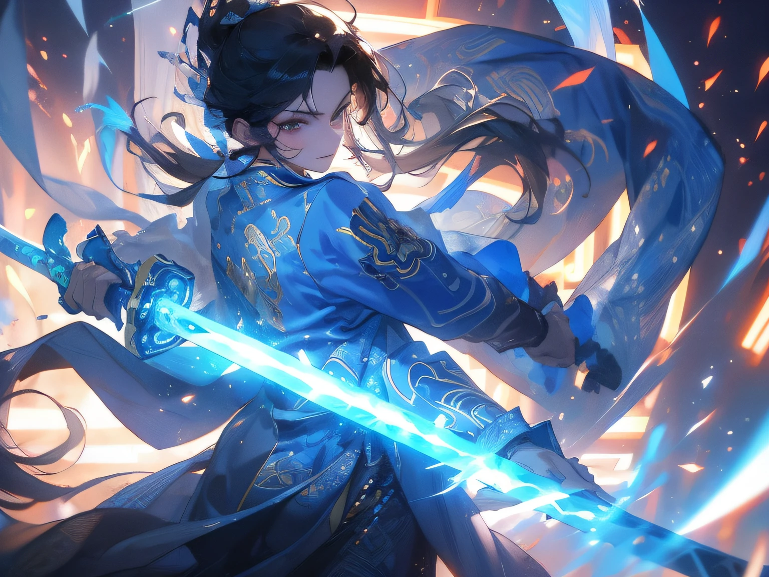 , Masterpiece, Best quality,
1boys,whaite hair,Solo,Chinese cloth,Chinese style,Glowing,sword,