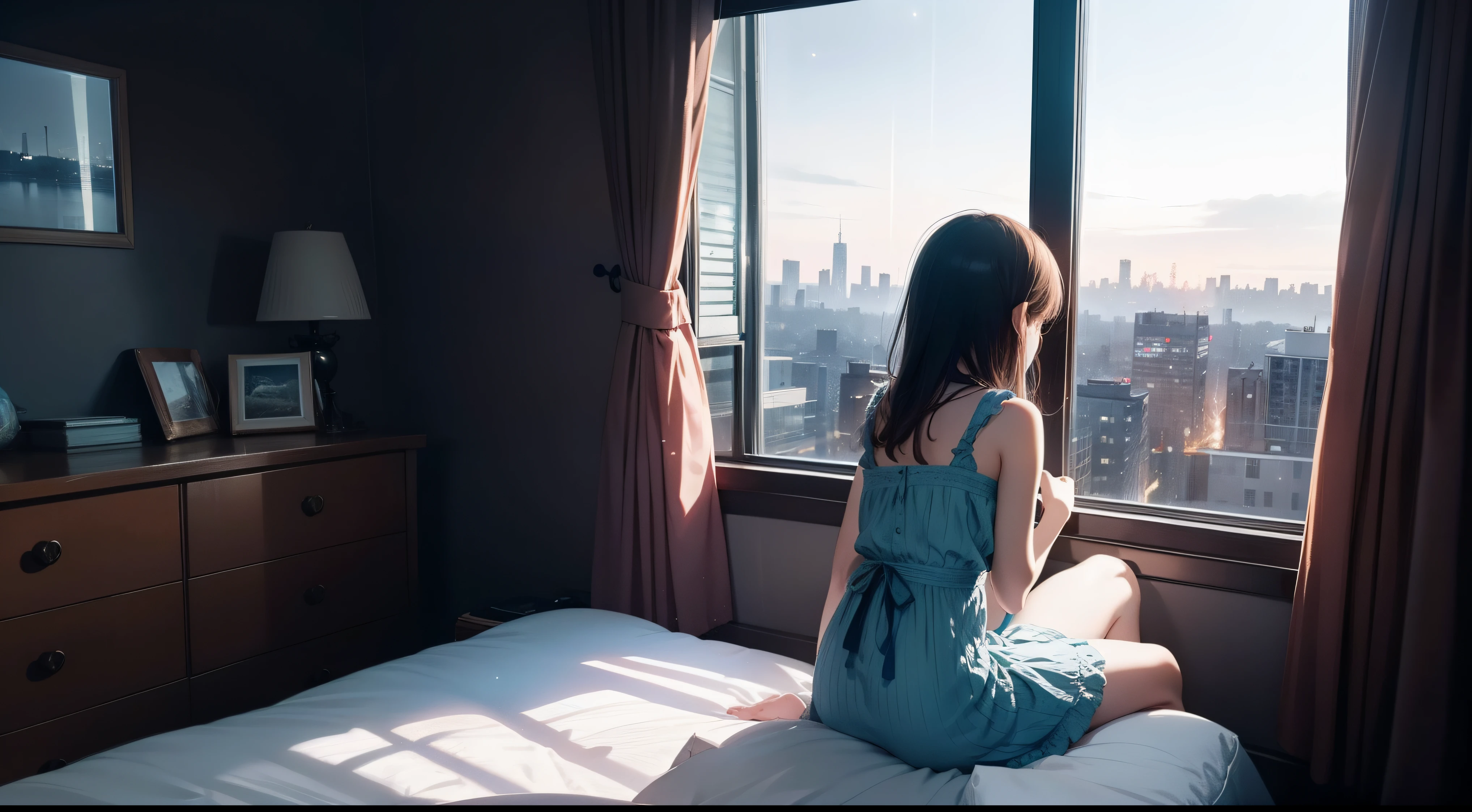 Girl sitting alone by the window,Night view of the city outside the window,The starry sky outside the window sparkles,Very lonely,A soft shimmer shone on the girl,Rich details inside the window,There are plush dolls inside the window,There are night lights on the inner walls of the windows,The girl looks at the scenery outside the window with a lonely back,The picture is hazy,the lighting is subdued