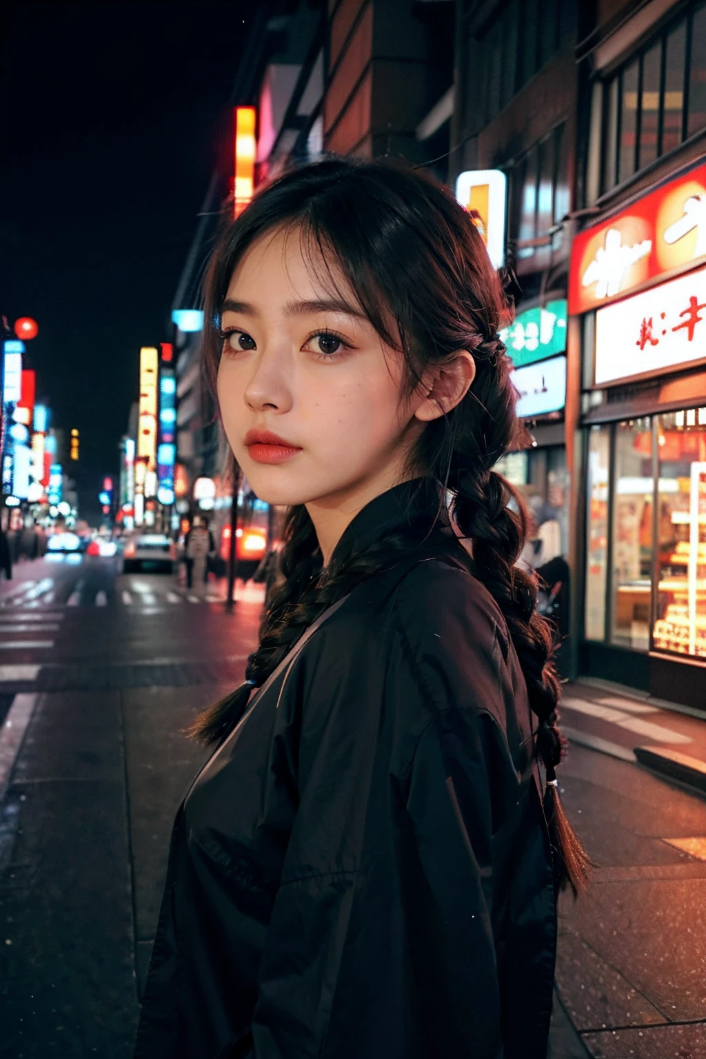 1girll, fishtail braid, Tokyo Street,Night, Cityscape,City lights, Upper body,Close-up, 8K, RAW photo, Best quality, Masterpiece,Realistic, photo-realistic,