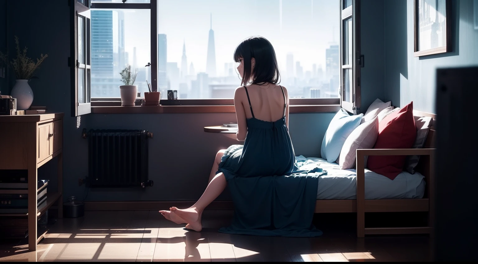 Girl sitting alone by the window,Night view of the city outside the window,The starry sky outside the window sparkles,Very lonely,A soft shimmer shone on the girl,Rich details inside the window,There are plush dolls inside the window,There are night lights on the inner walls of the windows,The girl looks at the scenery outside the window with a lonely back,The picture is hazy,the lighting is subdued