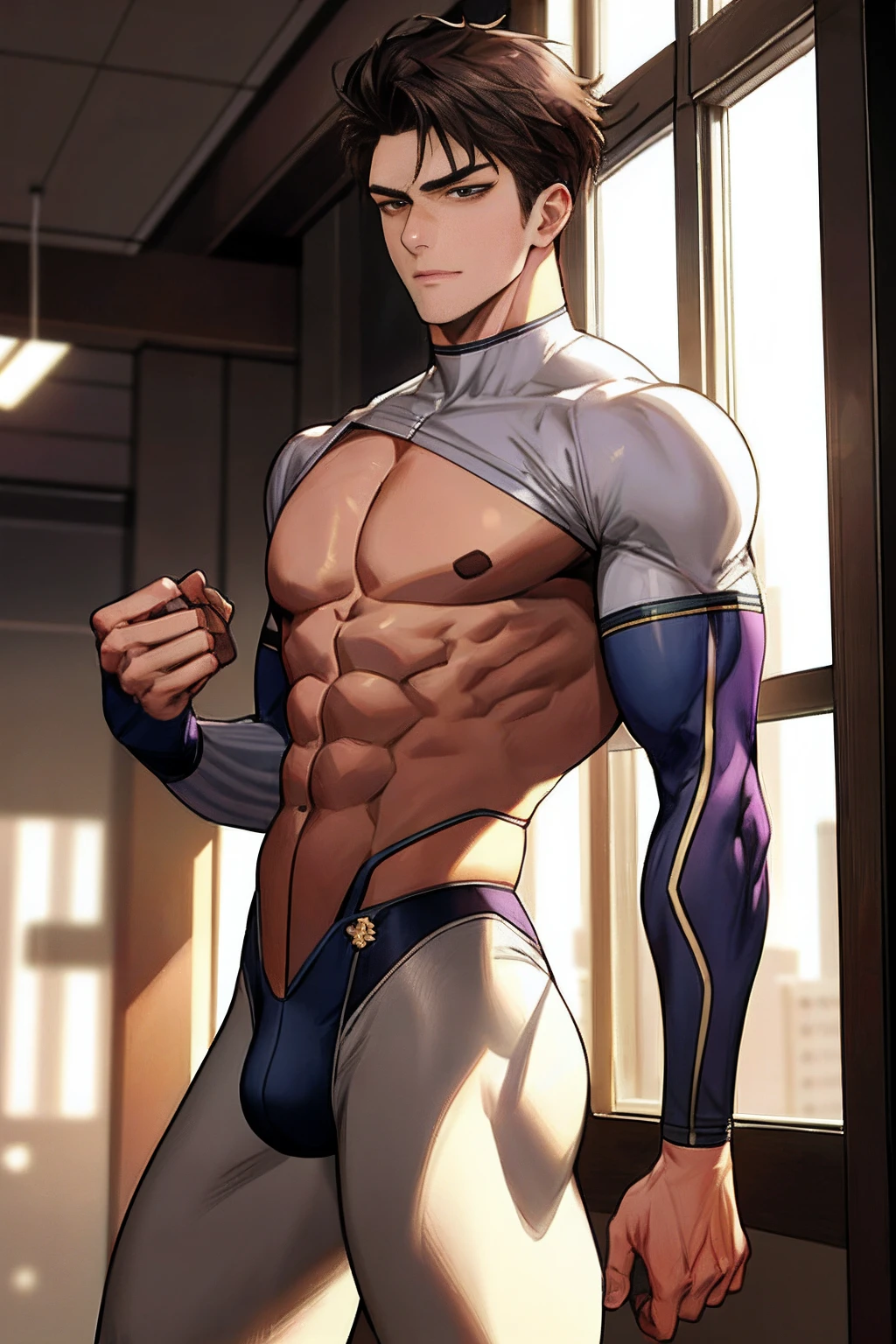 1boy,AS-Adult,Intimate bodysuit,Bare chest,Muscular,Muscle men,Tong,cool guy,Front lens,legs are open,Hold the bulge tightly with both hands,best qualtiy,Sexual suggestiveness,detail in face,massive bulge,office room,The building outside the window,Background of details,Diffused sunlight,depth of fields,Background bokeh,