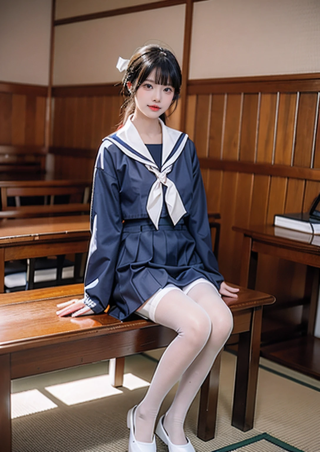 pupils，in a school，Japanese-style school uniform，a sailor suit，Wear all-inclusive white pantyhose，legs standing together，The color is lively，8K，facing at camera，adolable，frontage，delicated，sitted