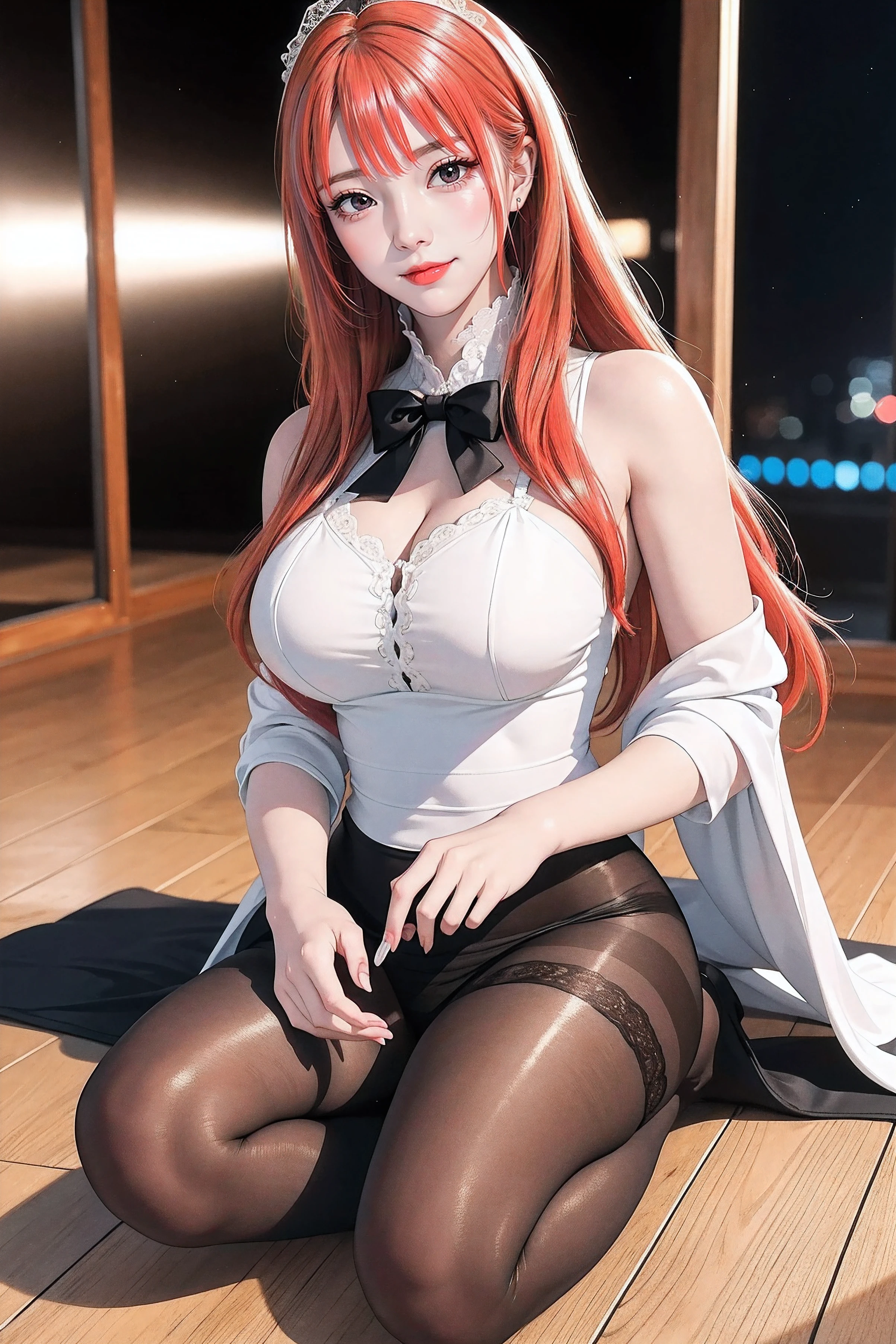 ulzzang -6500-v1.1,(Raw foto:1.2),((Photorealsitic:1.4)),top-quality,​masterpiece, illustratio,{(Extremely delicate and beautiful:2.0):2.0}, extremely details CG ,Unity,{(8K Wallpaper:2.0)}, astonishing、finely detail, Official art,Highly detailed CG Unity 8K wallpaper,absurderes, incredibly absurdness, huge filesize, ultra-detailliert, hight resolution, a beautiful detailed girl, extremely detailed eye and face, beatiful detailed eyes,Facial light,(((😃))),{(thighs thighs thighs thighs)}, {(Full body))} ((thighband pantyhose, thighs thighs thighs thighs))
school uniform, shirt,jacket,red bowtie,

brown eyes,orange hair, very long hair,

1 girl, 20yo,Young female,Beautiful Finger,Beautiful long legs,Beautiful body,Beautiful Nose,Beautiful character design, perfect eyes, perfect face,expressive eyes,perfect balance,

looking at viewer,(Focus on her face),closed mouth, (innocent_big_eyes:1.0),Light_Smile,

official art,extremely detailed CG unity 8k wallpaper, perfect lighting,Colorful, Bright_Front_face_Lighting,shiny skin,
(masterpiece:1.0),(best_quality:1.0), ultra high res,4K,ultra-detailed,
photography, 8K, HDR, highres, absurdres:1.2, Kodak portra 400, film grain, blurry background, bokeh:1.2, lens flare, (vibrant_color:1.2),professional photograph,

(Beautiful,large_Breasts:1.4), (beautiful_face:1.5),(narrow_waist),, ,a beauty girl, blush, Seductive smile,Insane details and very detailed, Huge lower eyelid. masutepiece, of the highest quality, Ultra high definition, max resolution, Very detailed, Clean skin,Let your hair hang down in front of your head