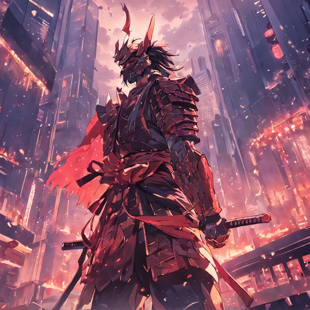 A samurai in modern armor on top of a skyscraper, Fantastic image, Close-up, Cena de filme, 8k