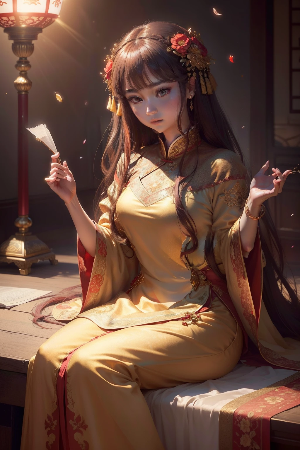 best quality, masterpiece, highres, (exquisite body: 1.5), beautiful face, (milky skin: 1.3), intricate details, high resolution, wallpaper, 1girl, solo, dress, hair ornament, ((((golden and red dress))), flowers, long hair, brown hair, closed mouth, jewelry, long sleeves, hand up, wide sleeves, big eyes, floating hair, chinese clothes, hanfu, embroidery, long skirt, natural pose, falling petals, interior, fanning, flashlight, 16K, HDR, highres, depth field, (film grain: 1.1), boken, golden hour, (lens flare), vignette, rainbow, (color rating: 1.5)