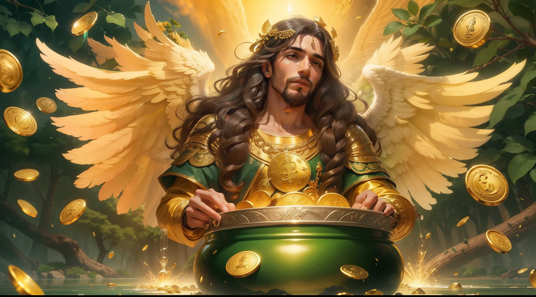 closeup do anjo abundia, religioso, Comportado, perfeito e realista, Biblical Green Clothes, long hair with braids, sitting with a pot of gold in his hands, com asas grandes de ouro e coloridas, um jardim de trevos de 4 folhas, dinheiro, gold dollar siphon symbol, Background of gold pieces, chuva de ouro, Green money falling from the sky, loteria, realista, perfeito, sorteio de loteria, Lottery Grand Prize, The angel of abundance is also named as Abundia, Habone, Abundantia e Fulla, anjo homem abundia com uma cesta de ouro, ABUNDIA O ANJO DA FORTUNA