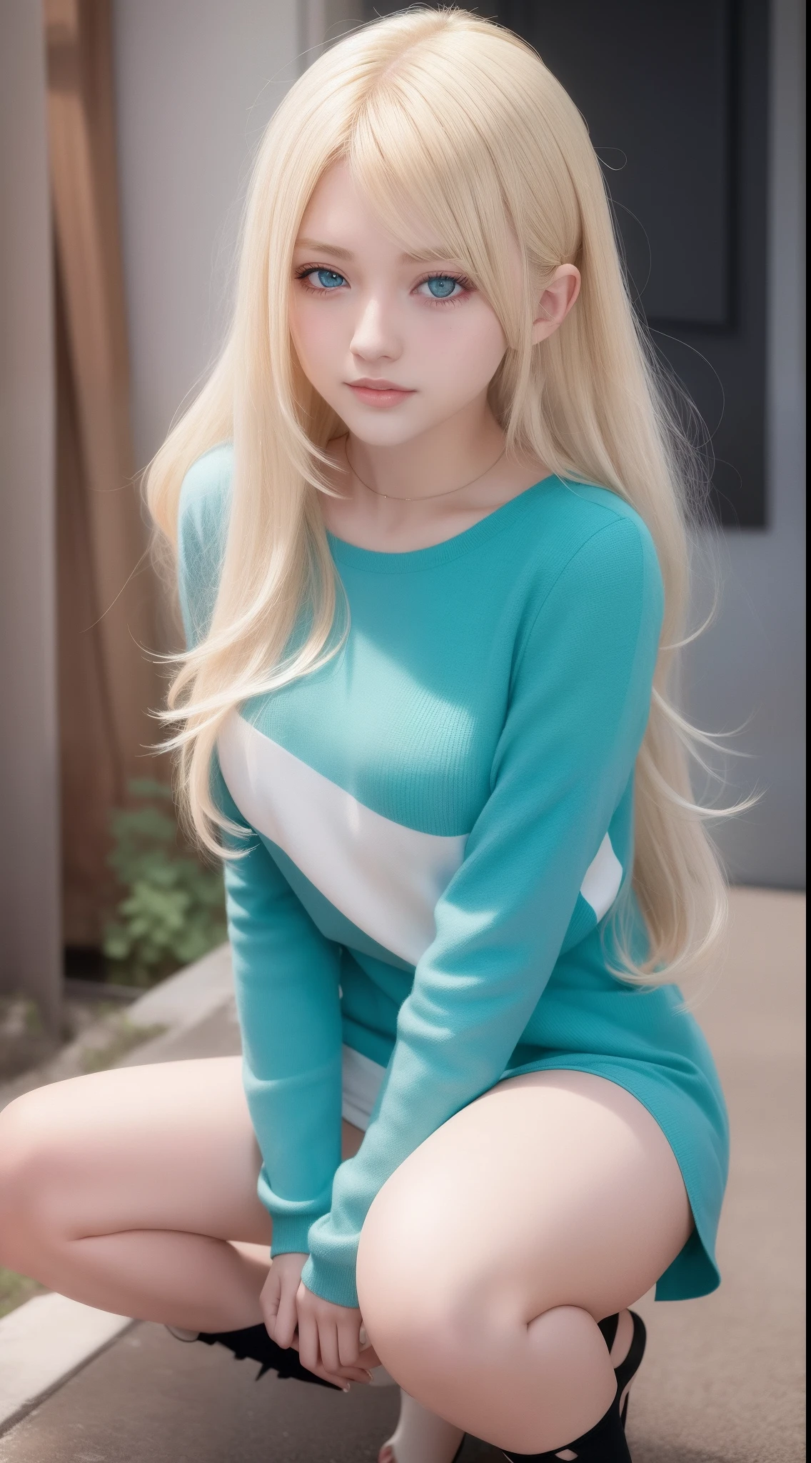 A girl, European, (blonde hair), Cyan eyes, ((hairlong)), gentle smile,anime visual of a young woman,soft light, (Painted shadows)beste-Qualit, tmasterpiece, hight resolution, long leges