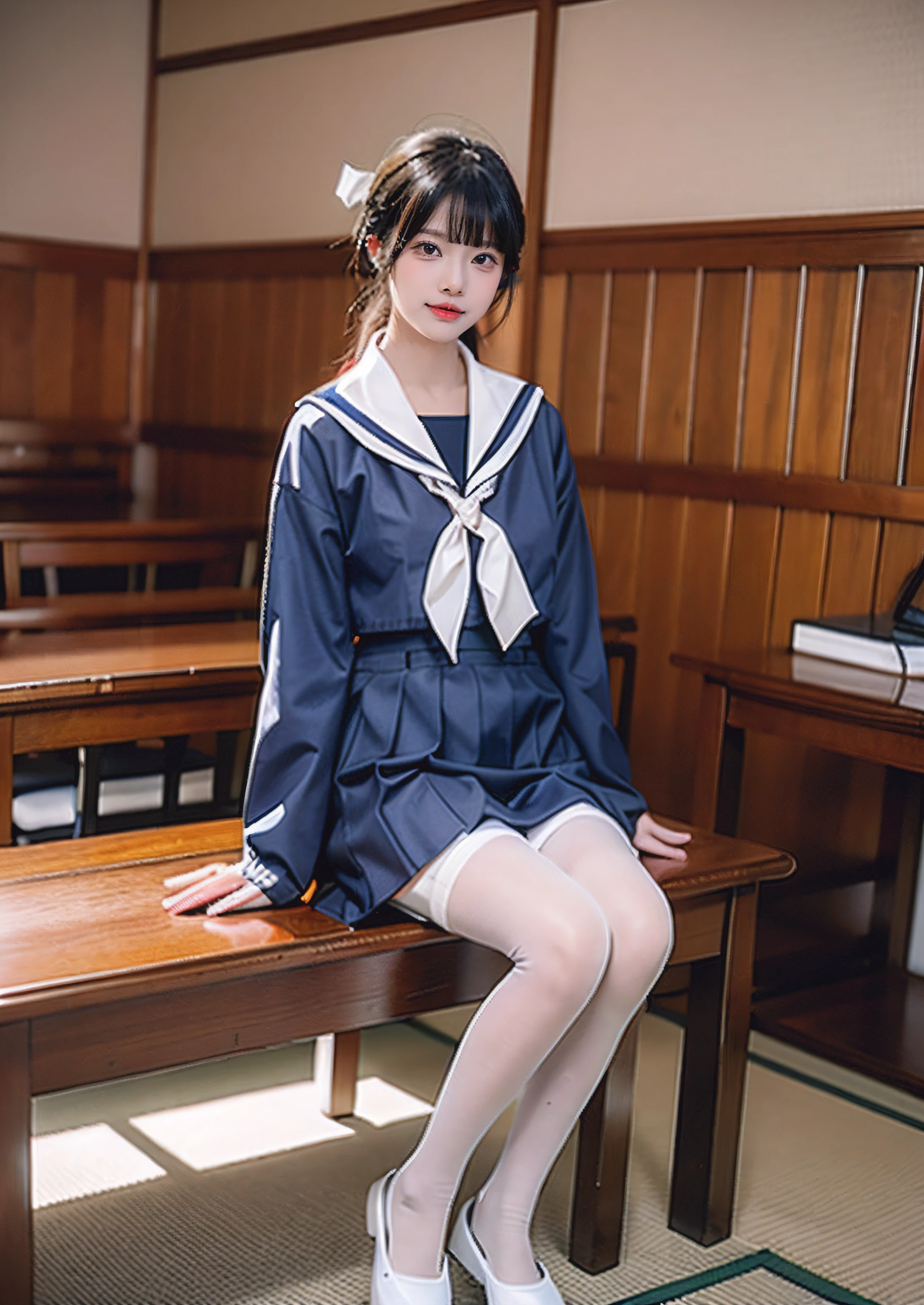 pupils，in a school，Japanese-style school uniform，a sailor suit，Wear all-inclusive white pantyhose，legs standing together，The color is lively，8K，facing at camera，adolable，frontage，delicated，sitted