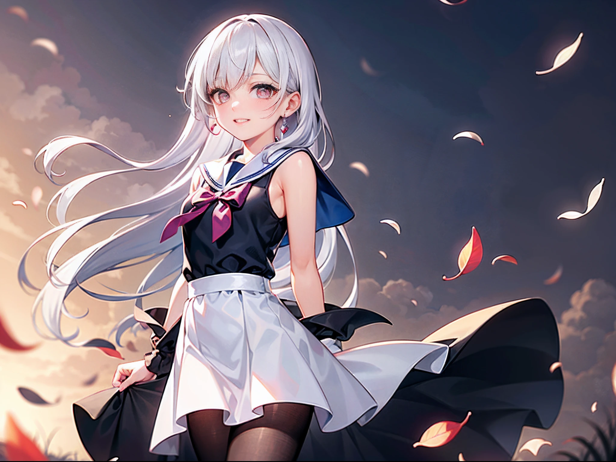 （As night fell：1.4）, Close to the corner, The hem of a dress fluttering in the wind, Light clouds cover the sky, [The feeling of dreams：1.3], In a sea of people, Falling autumn leaves, Endless streams, The breeze blows through, There is a white convenience store on the slope, White hair,long whitr hair, hair splayed out, Hair behind the ears, Bow hair ornament, jewelry, Gradient pupil color, watered eyes, Pink eyes, Crystal earrings, ssmile, Light blush, Standing painting style ，in a panoramic view , Best Picture Quality, hyper HD，Sling sailor suit，Without buckle，is a Kpop idol，Close-up of cute eye bags，looking toward the viewer，Mist light，Golden section，[Low saturation：1.3]，1girll，Black pantyhose