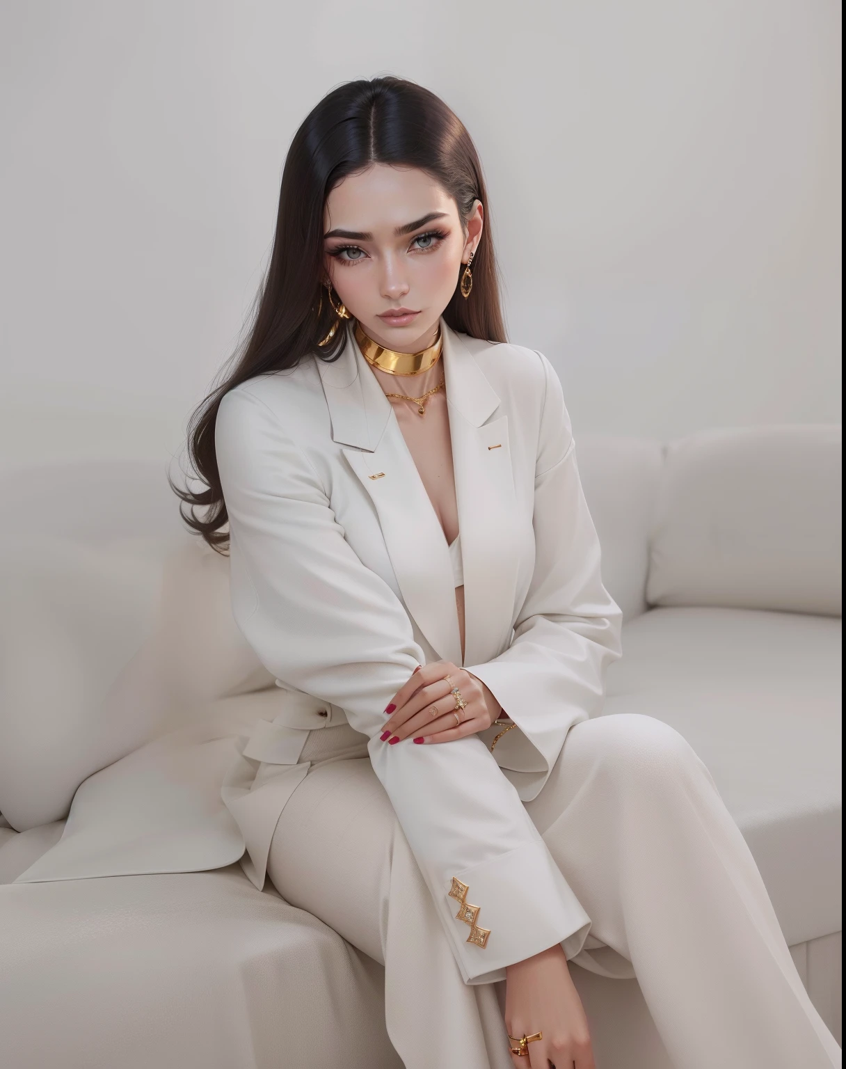 "Unhas brancas, minimalist golden jewelry on the neck and Cartier bogari rings on the fingers, cabelo com mechas douradas"