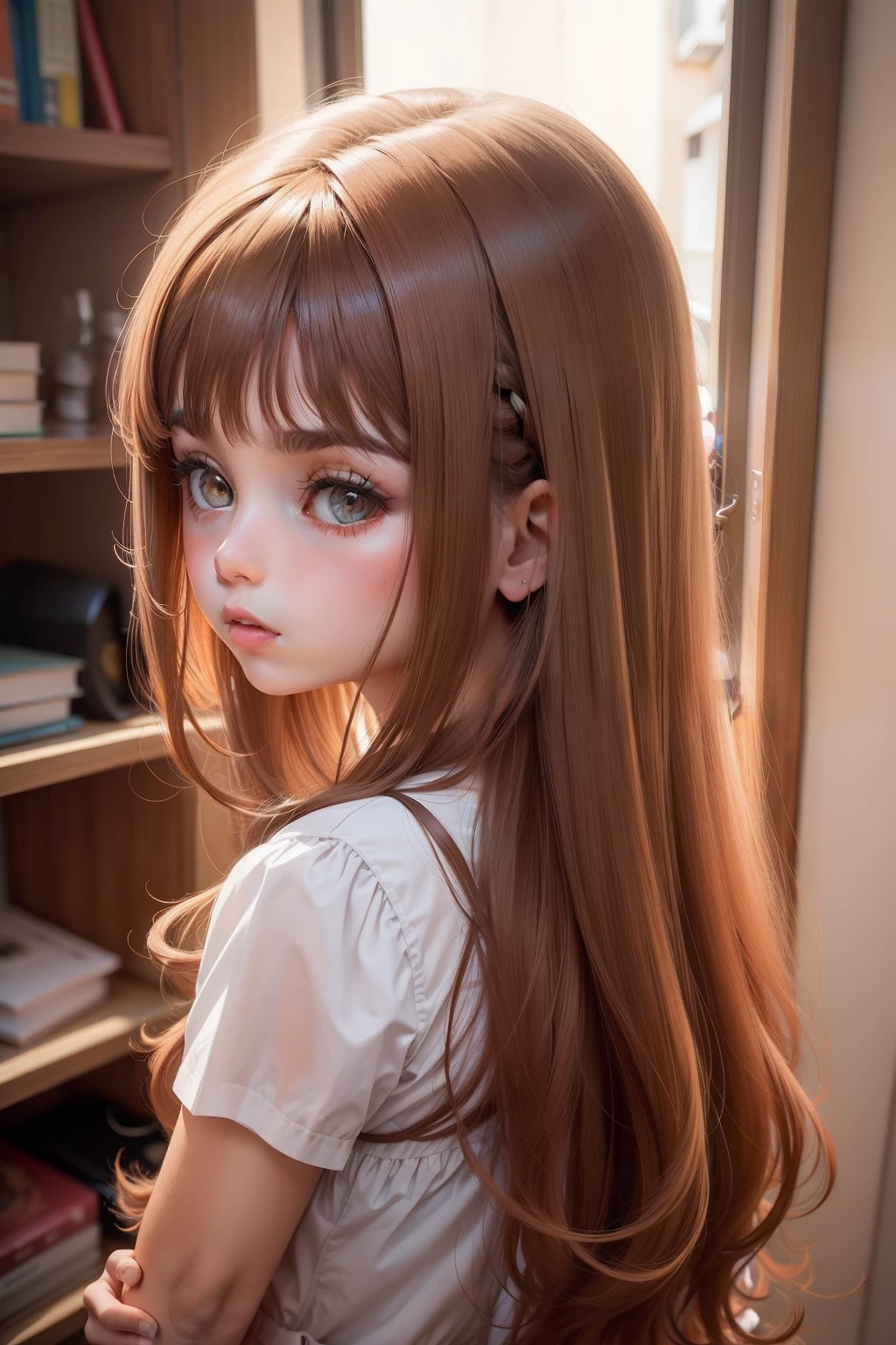 Long-haired girl with brown eyes and cute, gentle face


