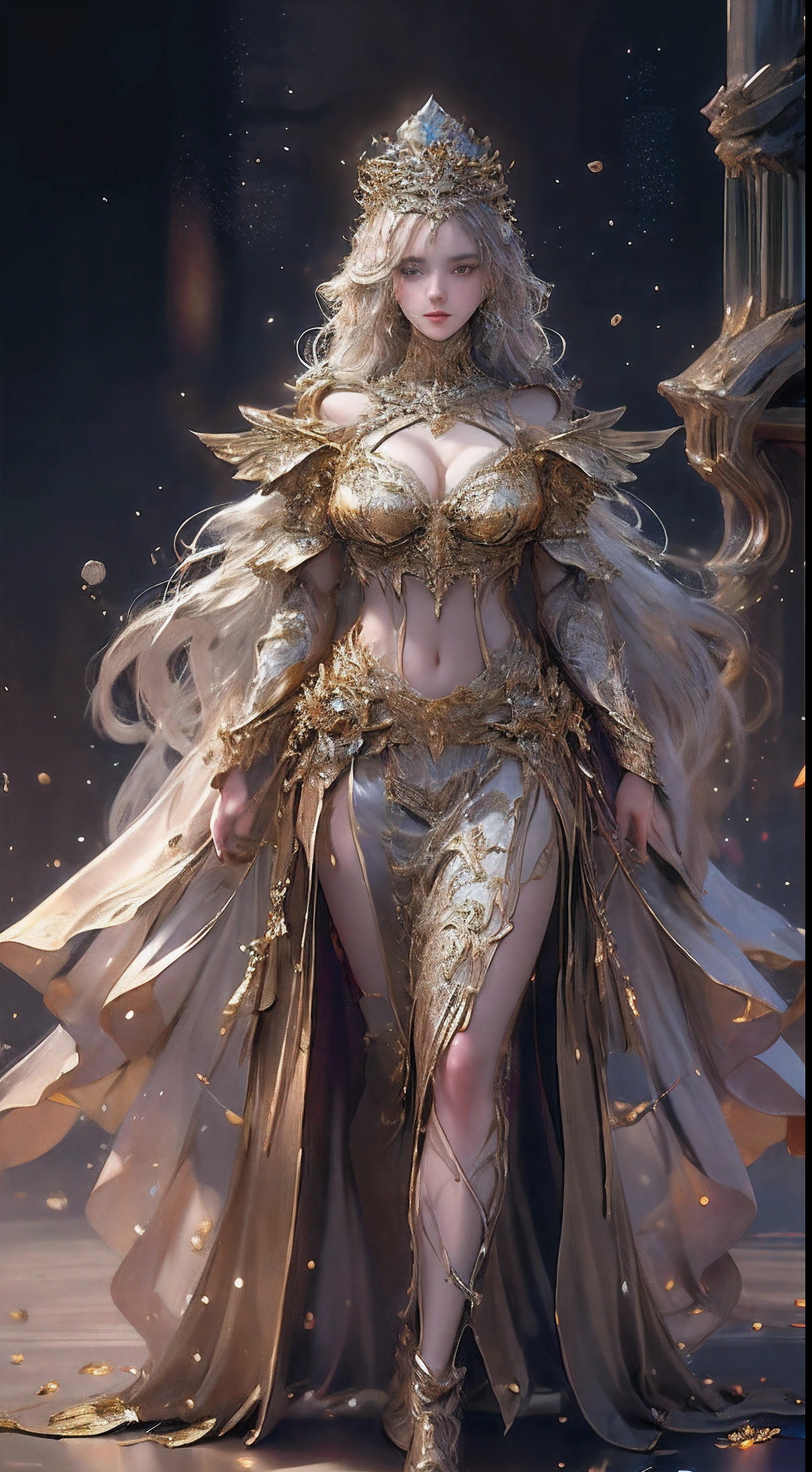 Woman in a golden transparent dress,view the viewer,(Spread legs),(((Huge breasts, Large cleavage))),Slim waist,(navel baring,Bare waist), Long hair, Ultra-detailed details,High-end Zhenyi station, Rainstorm site, detailed fantasy art, Stunning character art, Beautiful and exquisite character art, Beautiful gold and silver armor, Extremely detailed, Girl in shiny armor,High heels, Exquisite tiaras and jewelry,Crystal jewelry filigree, milky ways, Stunning visuals, (dynamic streaks, light tracks:1.2), Vibrant colors,Pearls and jewelry,jewelry, Pedras preciosas, Pedras preciosas,Jevie,diamonds, Pedras preciosas