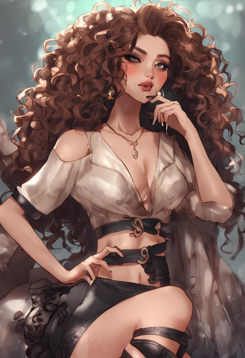 Brown woman Curly hair Long eyelashes black eyes fleshy lips big hair long legs garters stay up stockings high heels