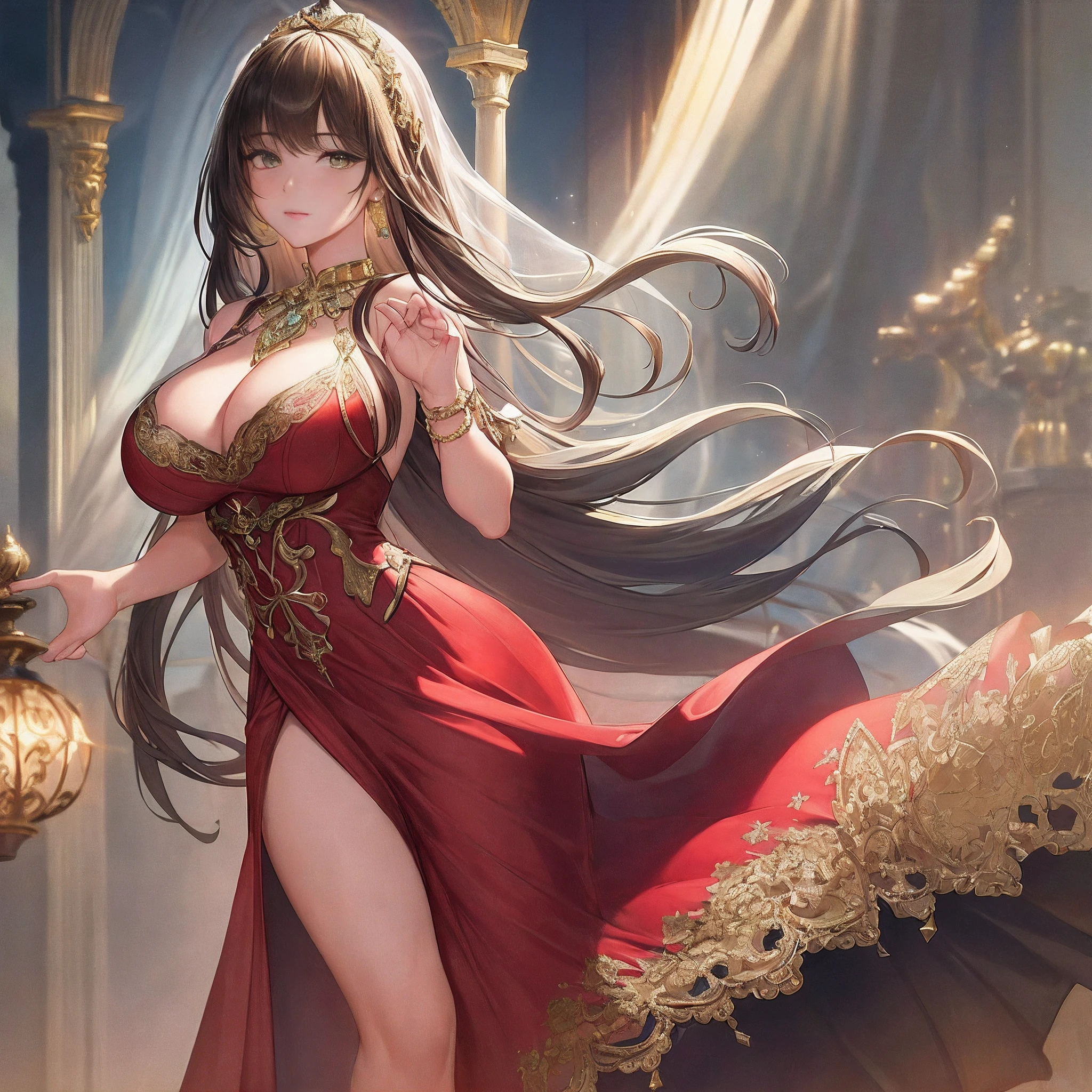 ultra realistic 8k cg, flawless, clean, masterpiece, professional artwork, famous artwork, cinematic lighting, cinematic bloom, perfect face, beautiful face, fantasy, dreamlike, unreal engine 5, science fiction, lace, lace trim, lace-trimmed legwear, luxury, jewelry, diamond, gold, pearl, gem, sapphire, ruby, emerald, intricate detail, delicate pattern, charming, alluring, seductive, erotic, enchanting, hair ornament, necklace, earrings, bracelet, armlet,autumn.
((,1girl, pov,best quality,)) ,((((,1girl, solo, huge fake breasts:1.5, red goddess dress, half body, looking at viewer, standing))))