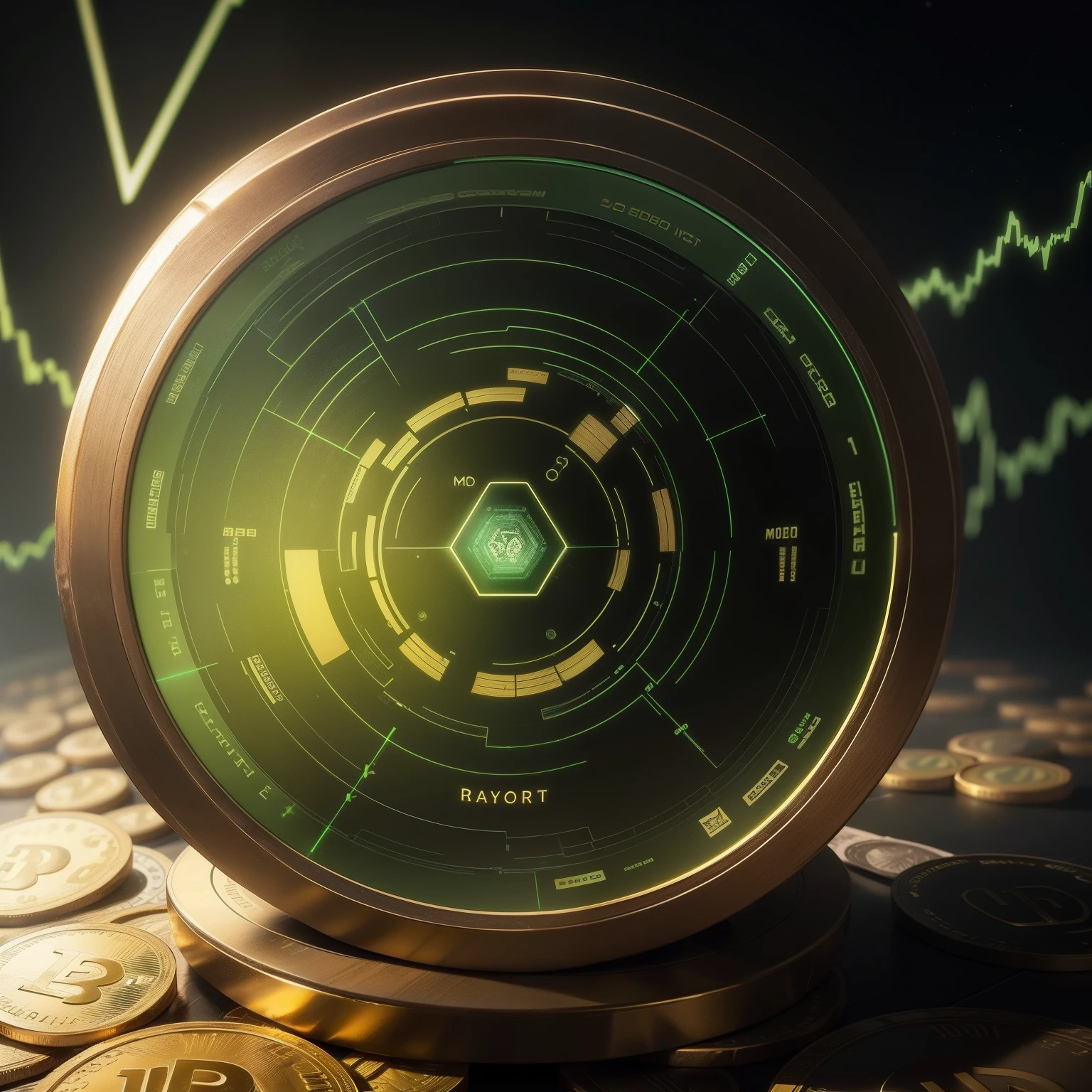 Imagem de crypto moedas, imagem de moedas, imagem de radar, imagem de radar com moedas, crypto moedas variadas, fundo da imagem com cor verde, jogos de NFT, jogo de cryptomoedas