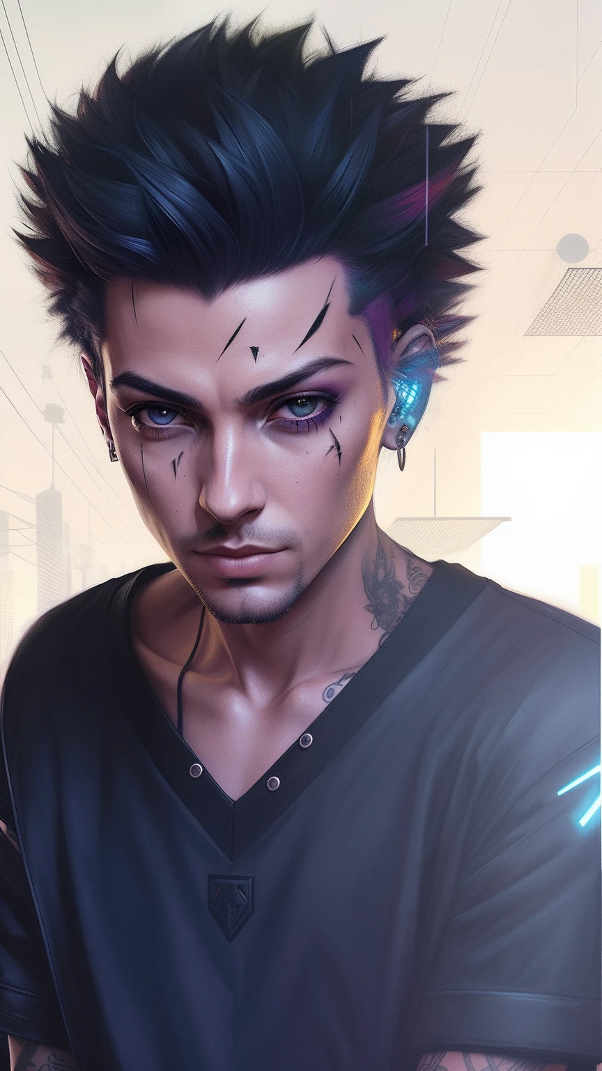 Man with a mohawk and tattoos on his head, arte do personagem cyberpunk, estilo cyberpunk hiper-realista, pintura digital cyberpunk, estilo cyberpunk , hiper-realista, cyberpunk themed art, cara cyberpunk, advanced digital cyberpunk art, estilo de arte cyberpunk, personagem cyberpunk, retrato cyberpunk, cor estilo cyberpunk, Retrato de um homem cyberpunk, detailed cyberpunk illustration, Retrato de um ciborgue cyberpunk