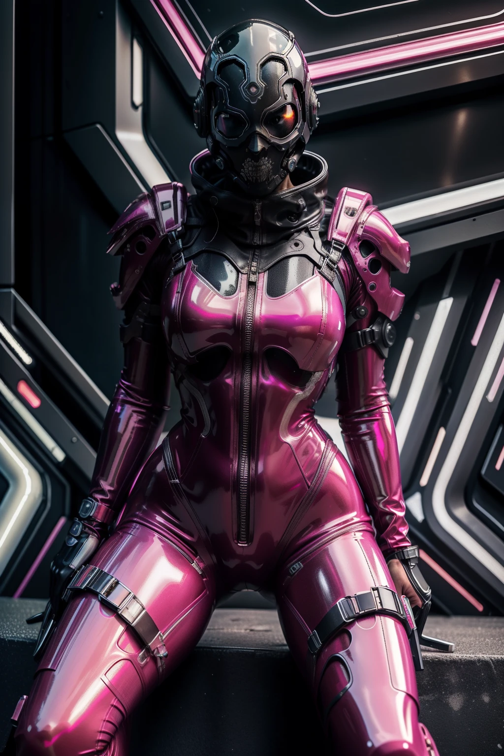 Full body like,(RAW photo:1.2),Pink latex jumpsuit,Hollow-out on,Holt collar, latex shiny,tight-fitting,sweat leggs,White liquid, Pink body, wearing atsuko kudo latex outfit, wearing tight suit, Smooth pink skin, catsuits, Wearing latex, shiny plastic, shiny metallic glossy skin, The color of pink glow, latex outfit, chrome bodysuit, cyberpunk glossy latex suit, Shiny, futuristic glossy latex suit spread their legs M-shaped legs angry look sullenness Irritated,white liquid all over body,